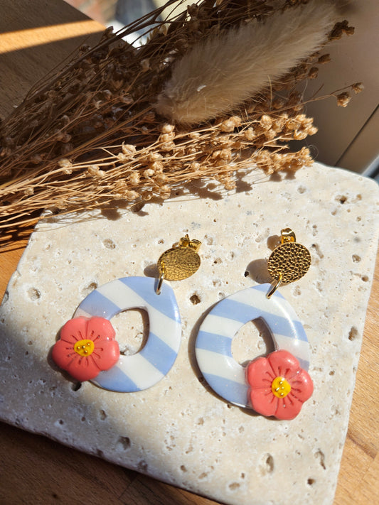 Boucles oreilles - COLLECTION SUMMER - RAYE BLEU FLEUR ROSE