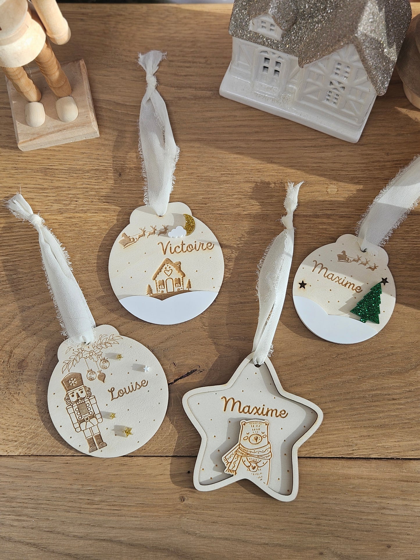 Boule de Noël personnalisée | Ronde traineau et maison de Noël