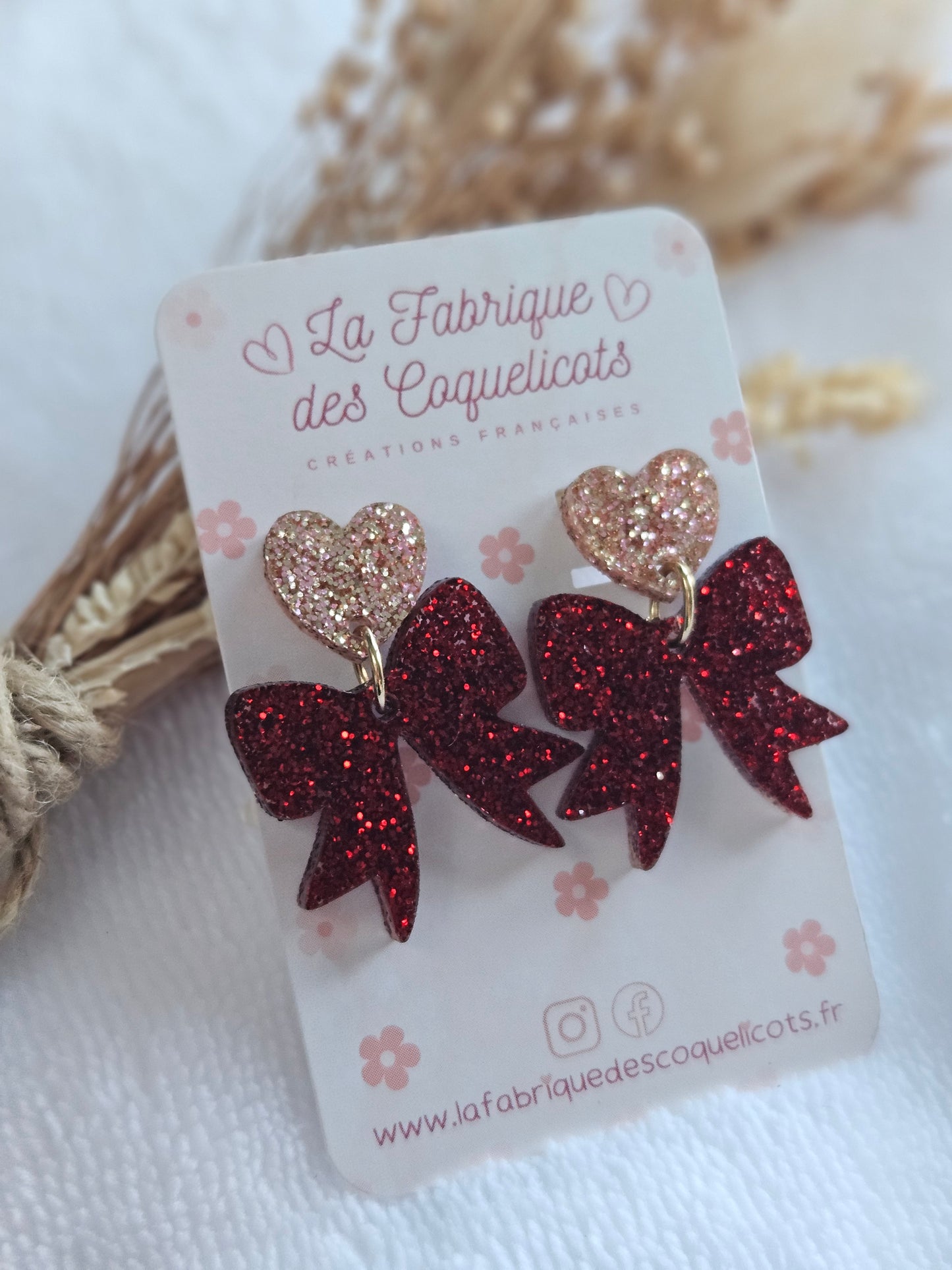 Boucles d'oreilles - Collection Noël "Let it Shine" - Cœur champagne et Nœud rouge paillettes