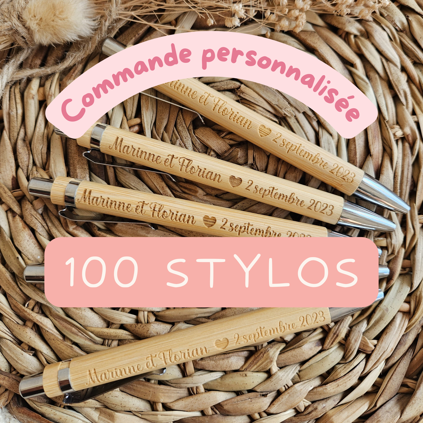 COMMANDE PERSONNALISEE 100 Stylos à bille bambou personnalisé // ENCRE BLEU