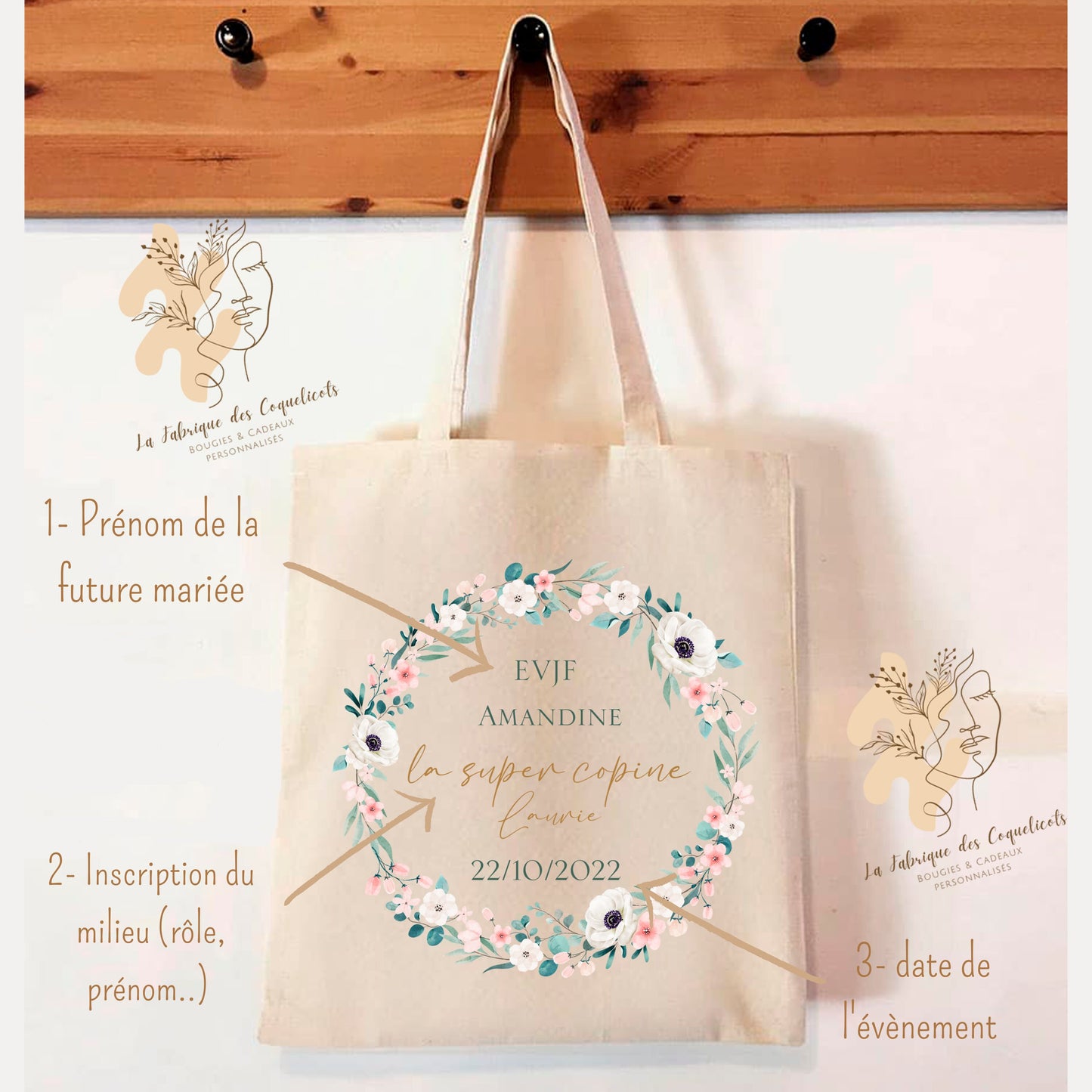 Tote Bag | sac personnalisé | EVJF personnalisé | couronne fleur / tote bag Evjf | future mariée/ tote bag mariage/ | témoin mariée