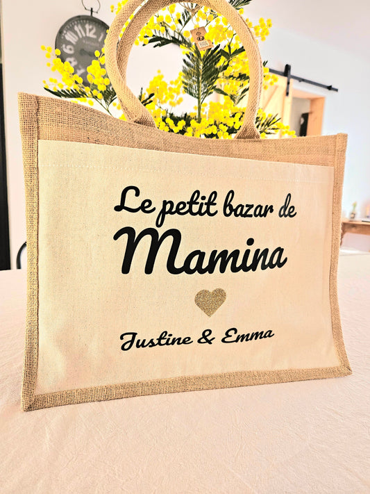 Sac cabas personnalisé - sac de course - sac jute coton femme nounou mamie fete des mères fetes des mamies