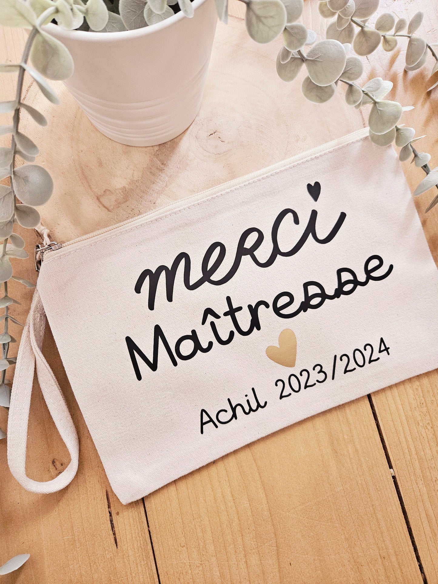 Trousse coton personnalisé MERCI / MAITRESSE Atsem NOUNOU / cadeau maitresse / trousse coton / cadeau femme /école / fin d'année scolaire