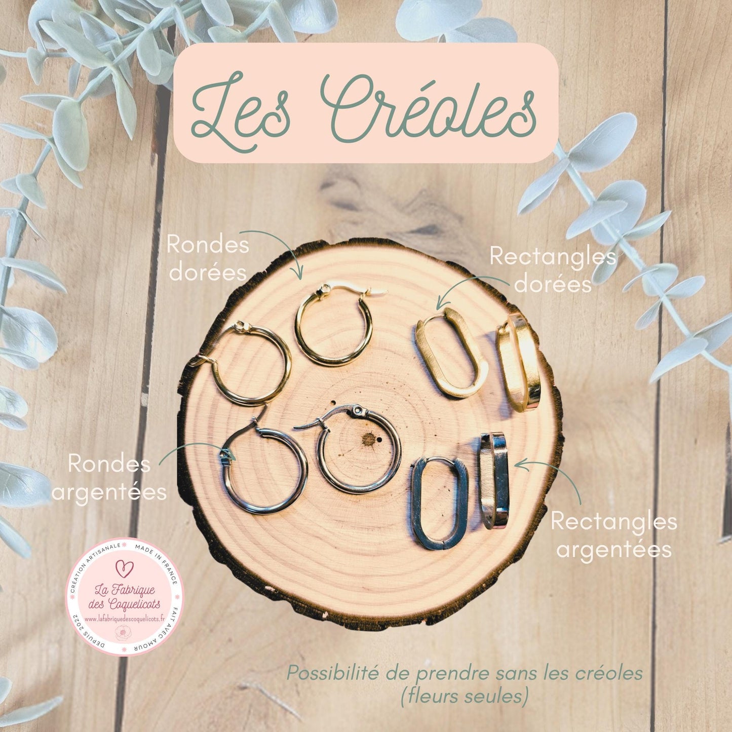 Boucles oreilles ZELIE interchangeables fleur PAMPILLE / créole femme en Acier Inoxydable - rose satin