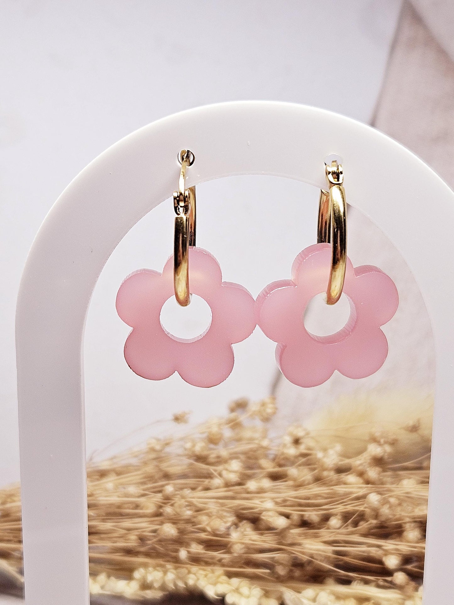 Boucles oreilles ZELIE interchangeables fleur PAMPILLE / créole femme en Acier Inoxydable - rose satin