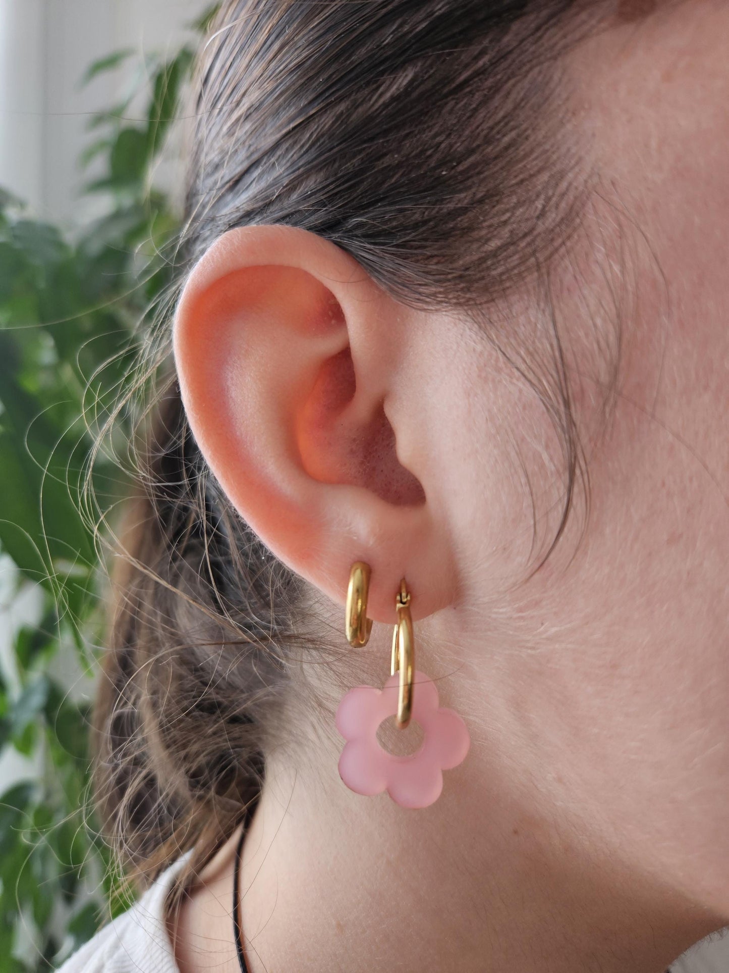Boucles oreilles ZELIE interchangeables fleur PAMPILLE / créole femme en Acier Inoxydable - rose satin