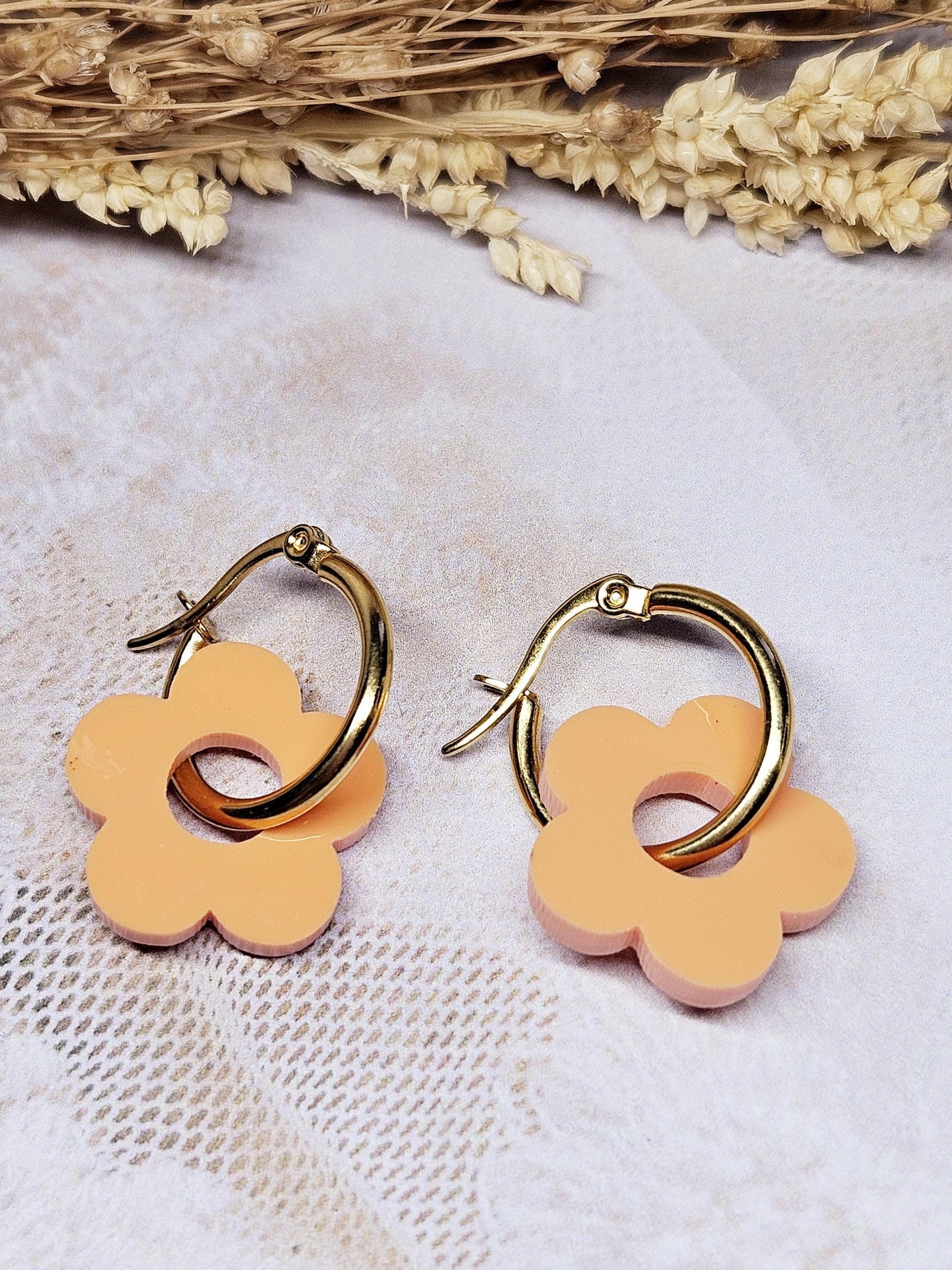 Boucles oreilles ZELIE interchangeables fleur PAMPILLE / créole femme en Acier Inoxydable - orange pastel