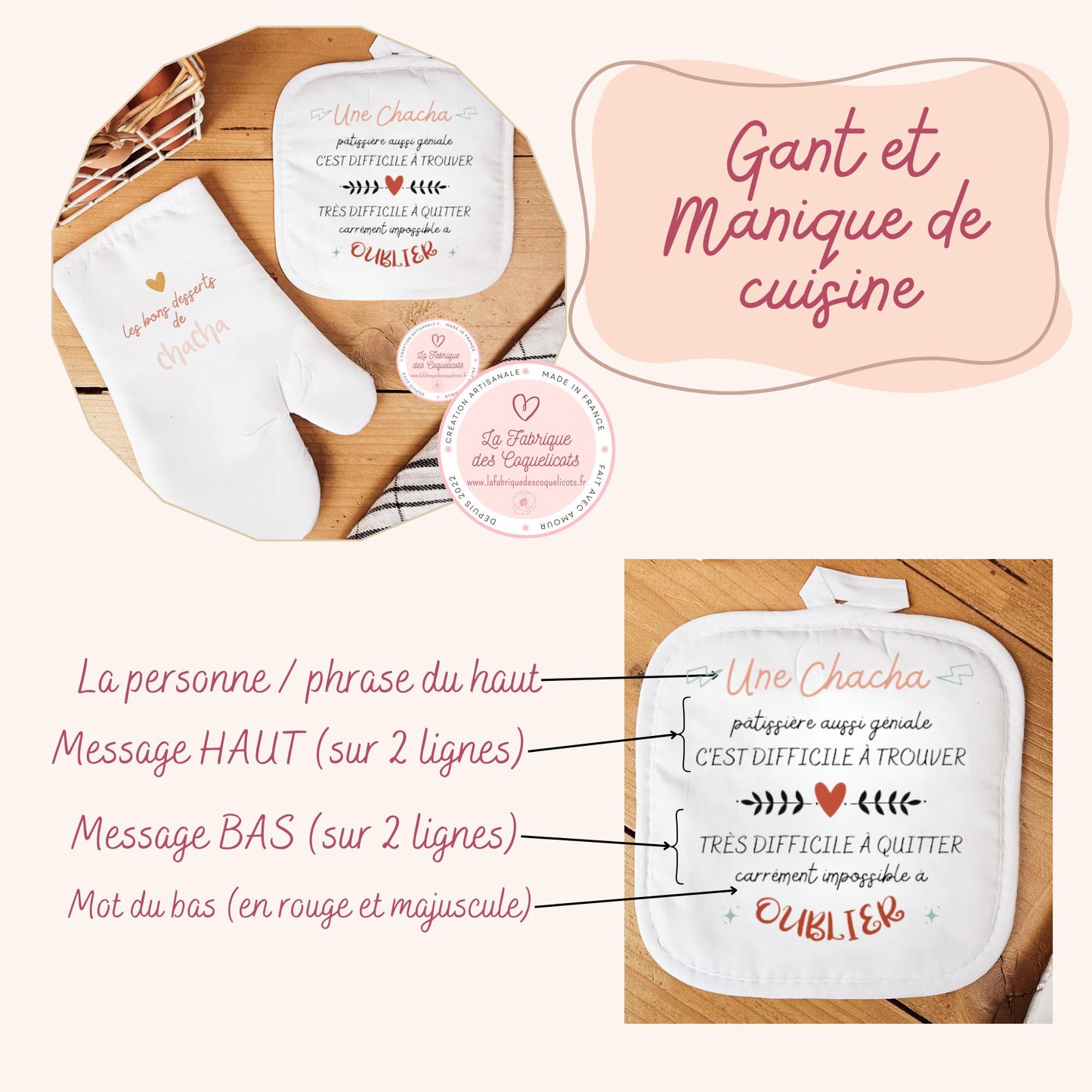 Gant et manique cuisine personnalisé - cadeau femme mamie maman fête grands-mères fête des mères - cadeau nounou soeur amie - super collègue