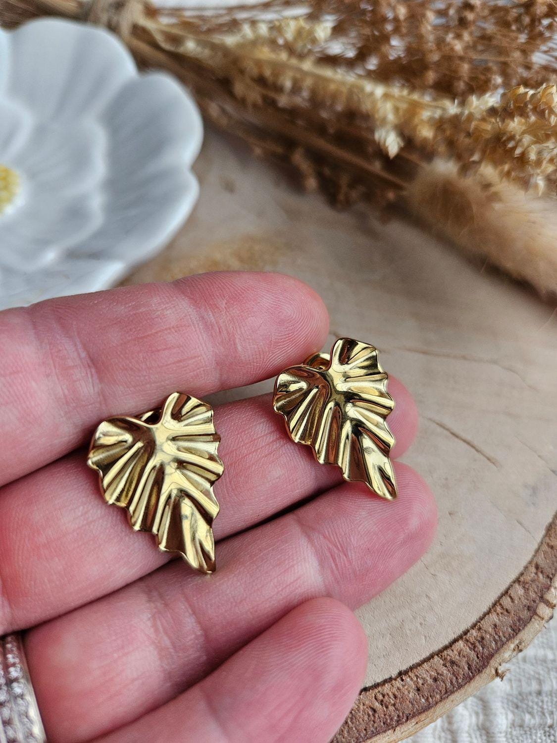 Boucles oreilles LEAF DORÉ - boucle oreille puce doré chat / enfant femme en Acier Inoxydable pour femme Enfant / feuille doré