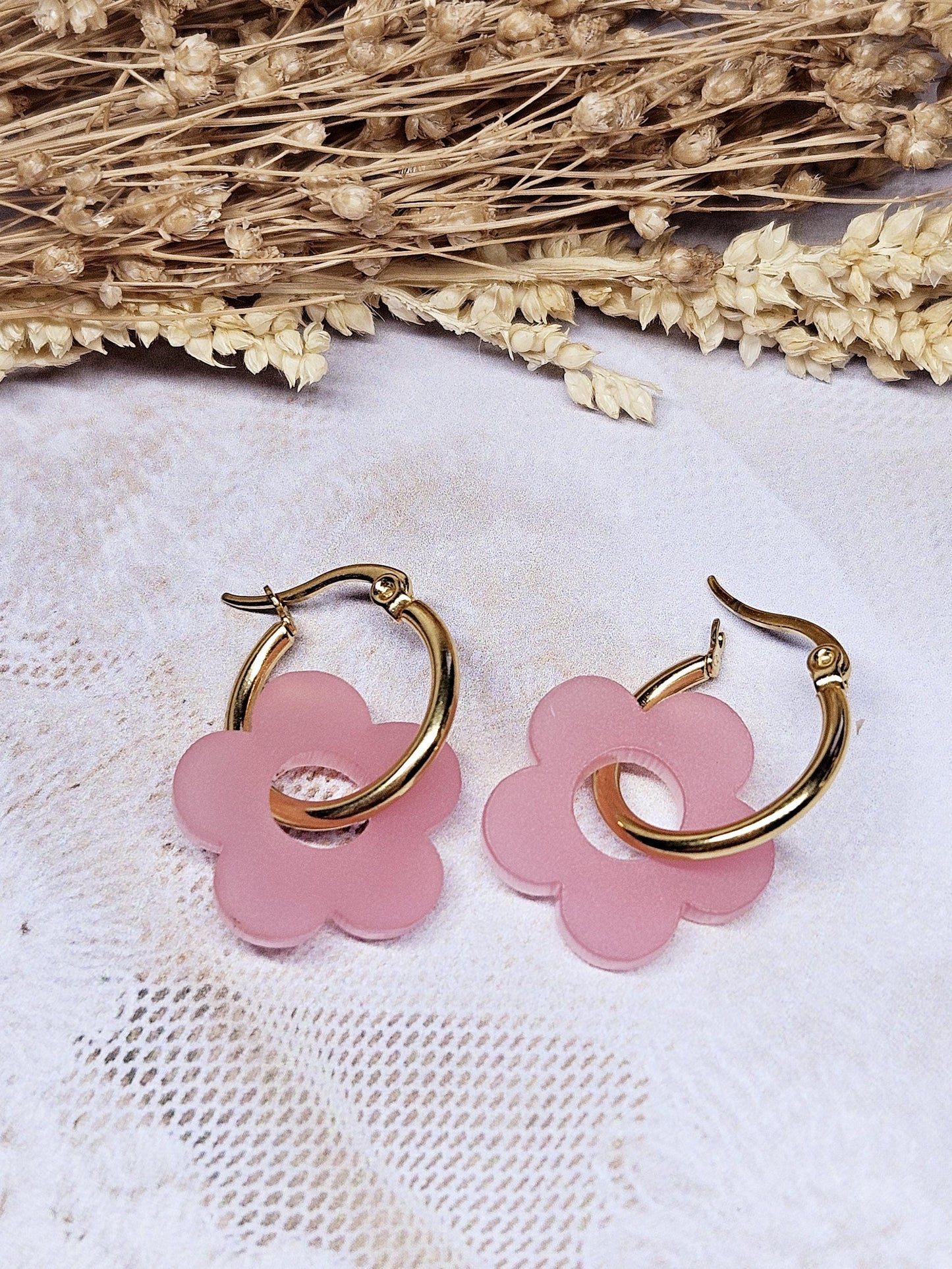 Boucles oreilles ZELIE interchangeables fleur PAMPILLE / créole femme en Acier Inoxydable - rose satin