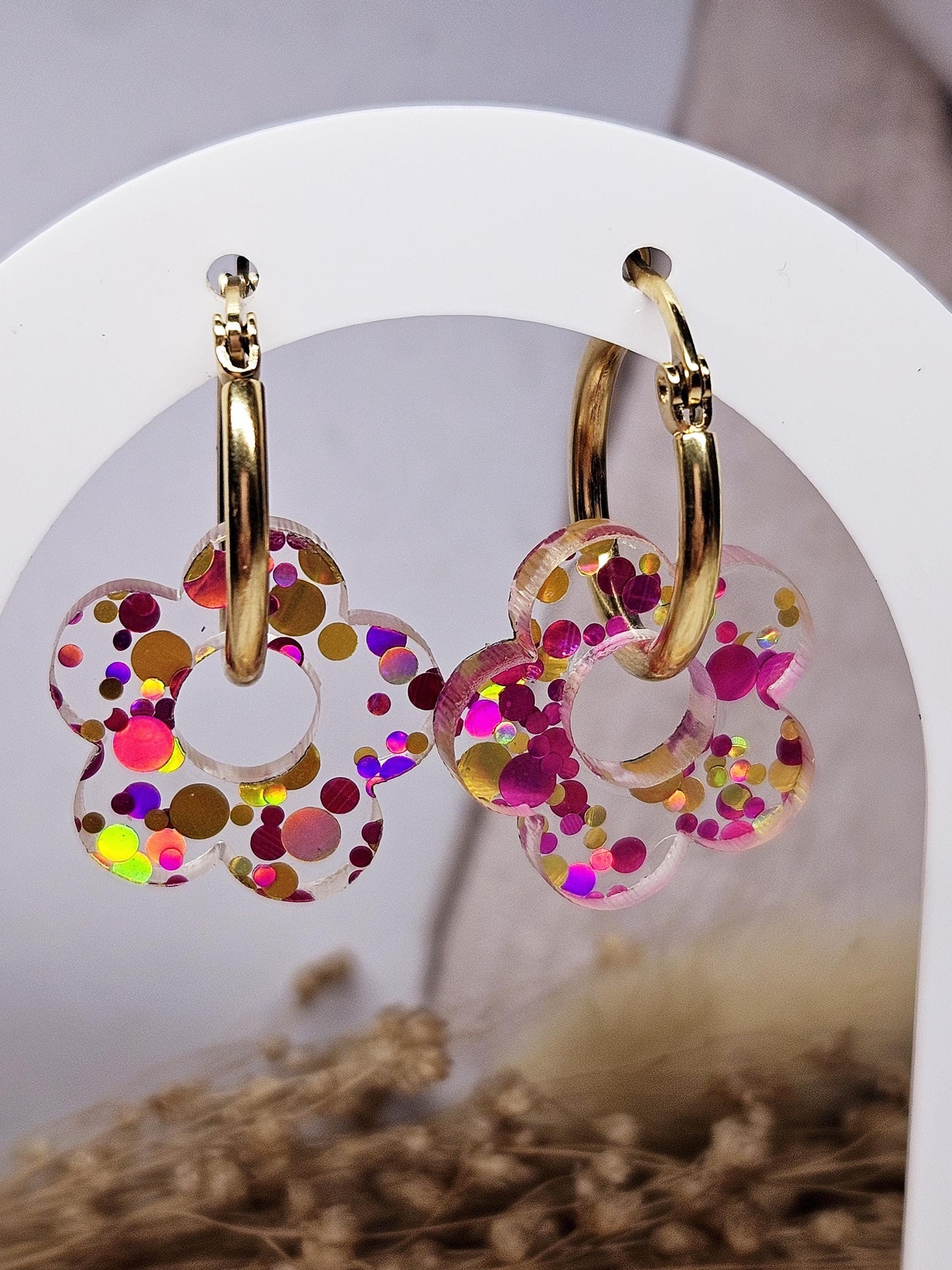 Boucles oreilles ZELIE interchangeables fleur PAMPILLE / créole femme en Acier Inoxydable - transparente rouge paillette multi couleur