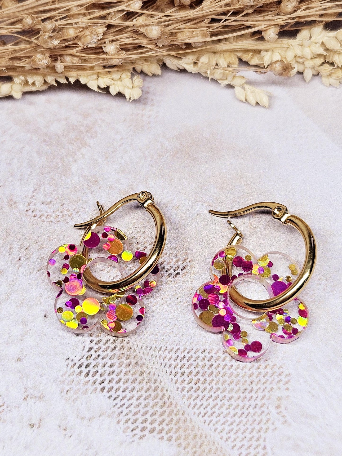 Boucles oreilles ZELIE interchangeables fleur PAMPILLE / créole femme en Acier Inoxydable - transparente rouge paillette multi couleur
