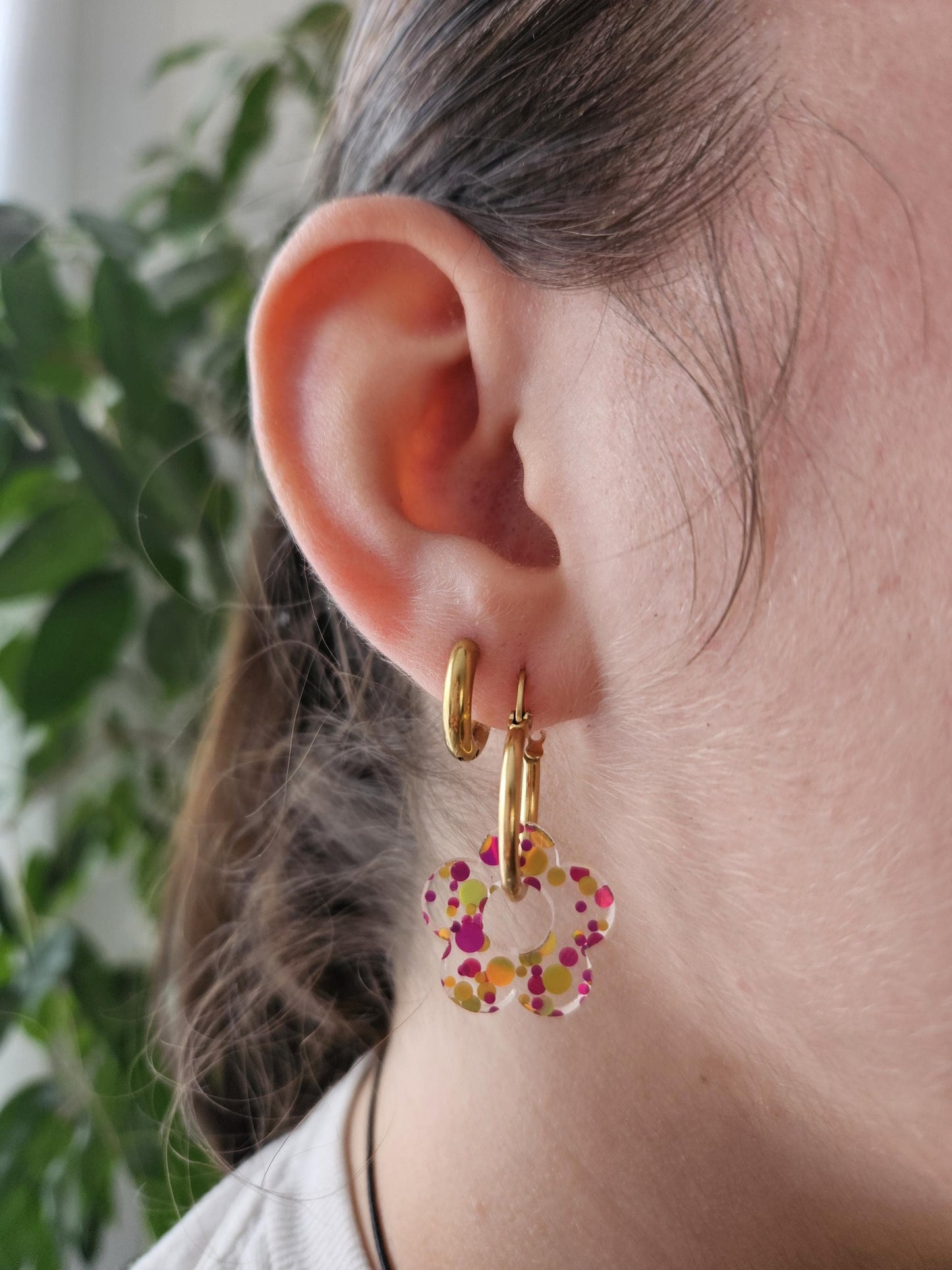 Boucles oreilles ZELIE interchangeables fleur PAMPILLE / créole femme en Acier Inoxydable - transparente rouge paillette multi couleur