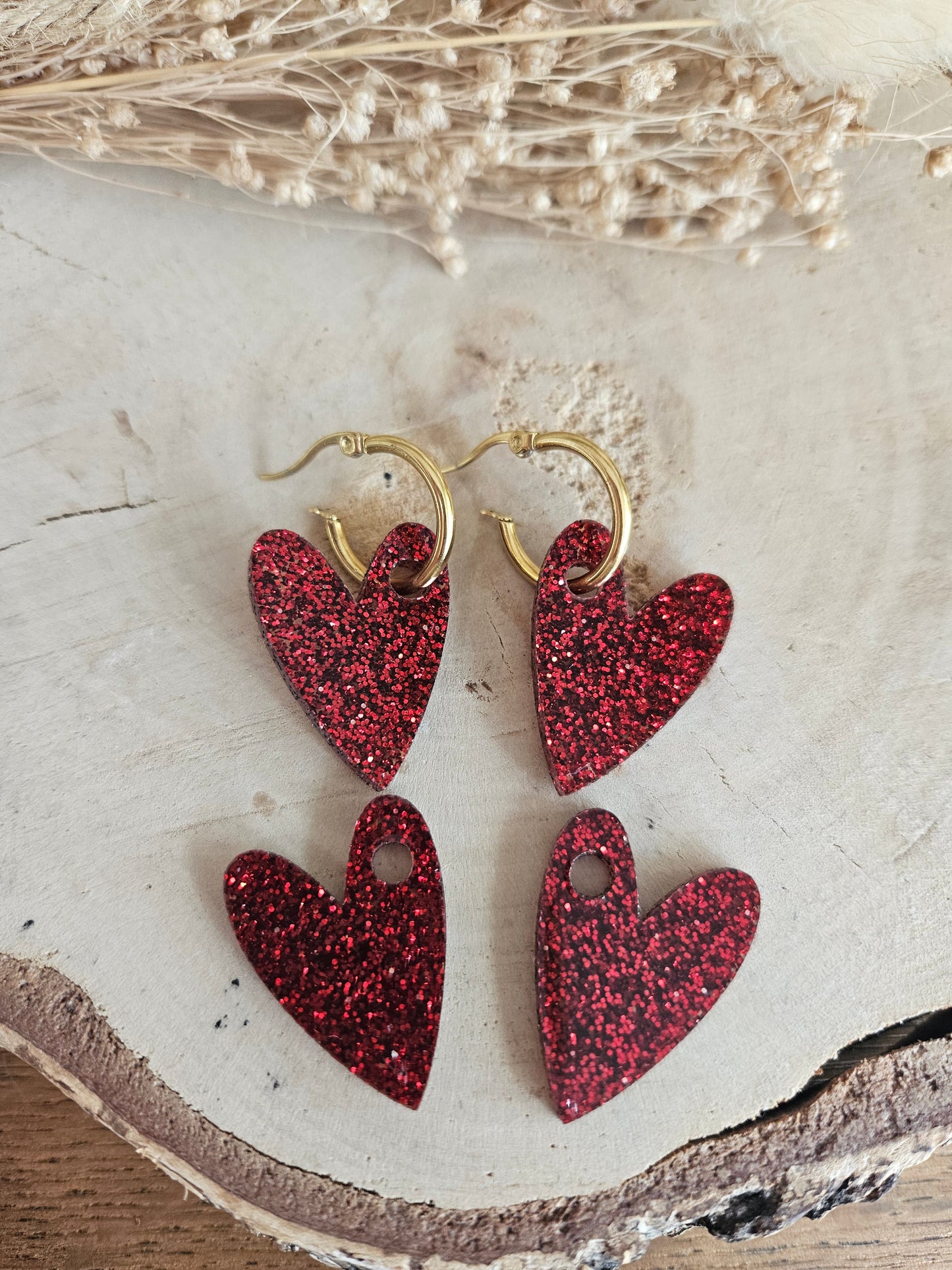 Boucles oreilles AMBRE interchangeables cœur PAMPILLE / créole femme en Acier Inoxydable - rouge paillète
