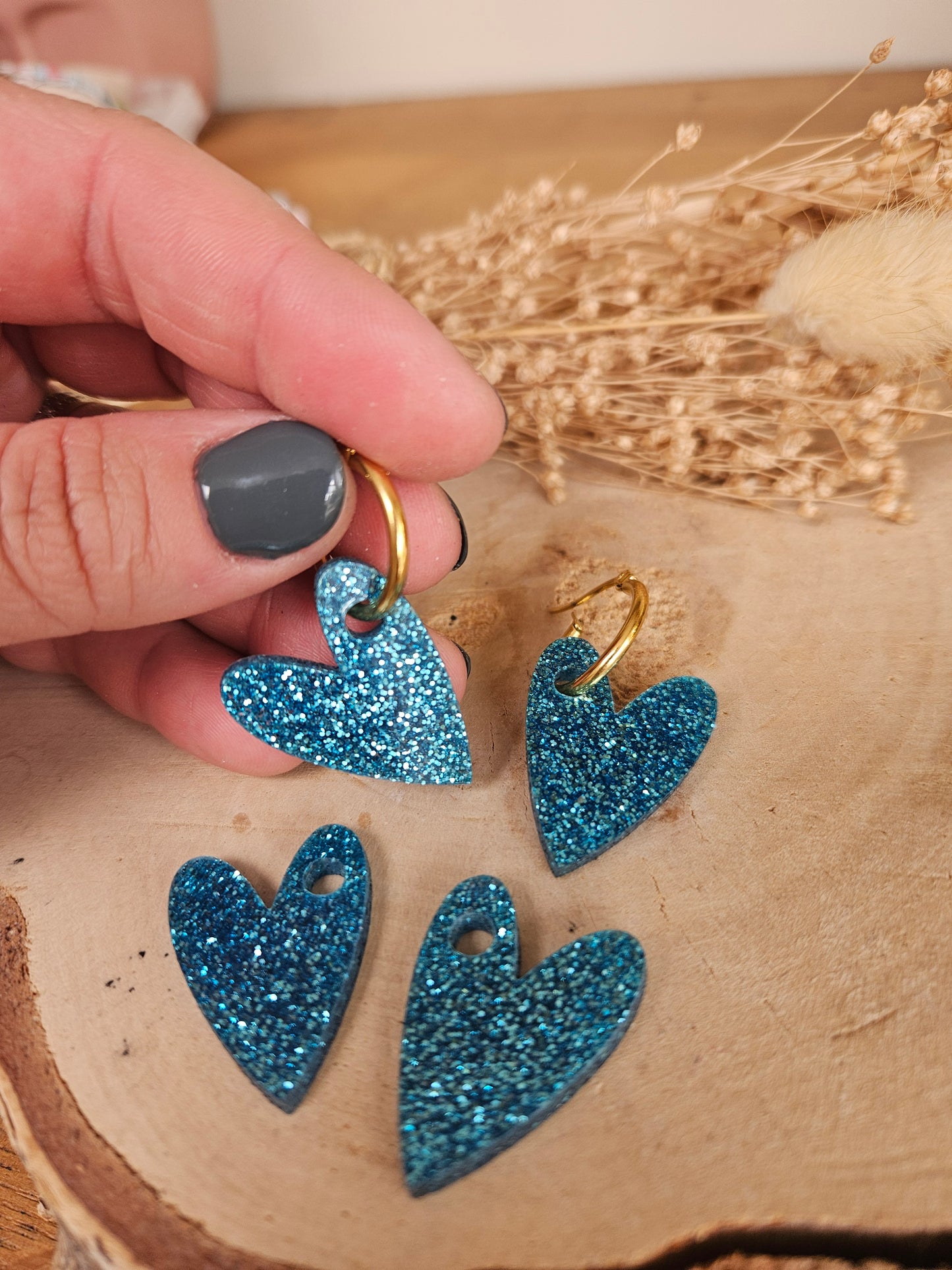 Boucles oreilles AMBRE interchangeables cœur PAMPILLE / créole femme en Acier Inoxydable - BLEU PAILLETE