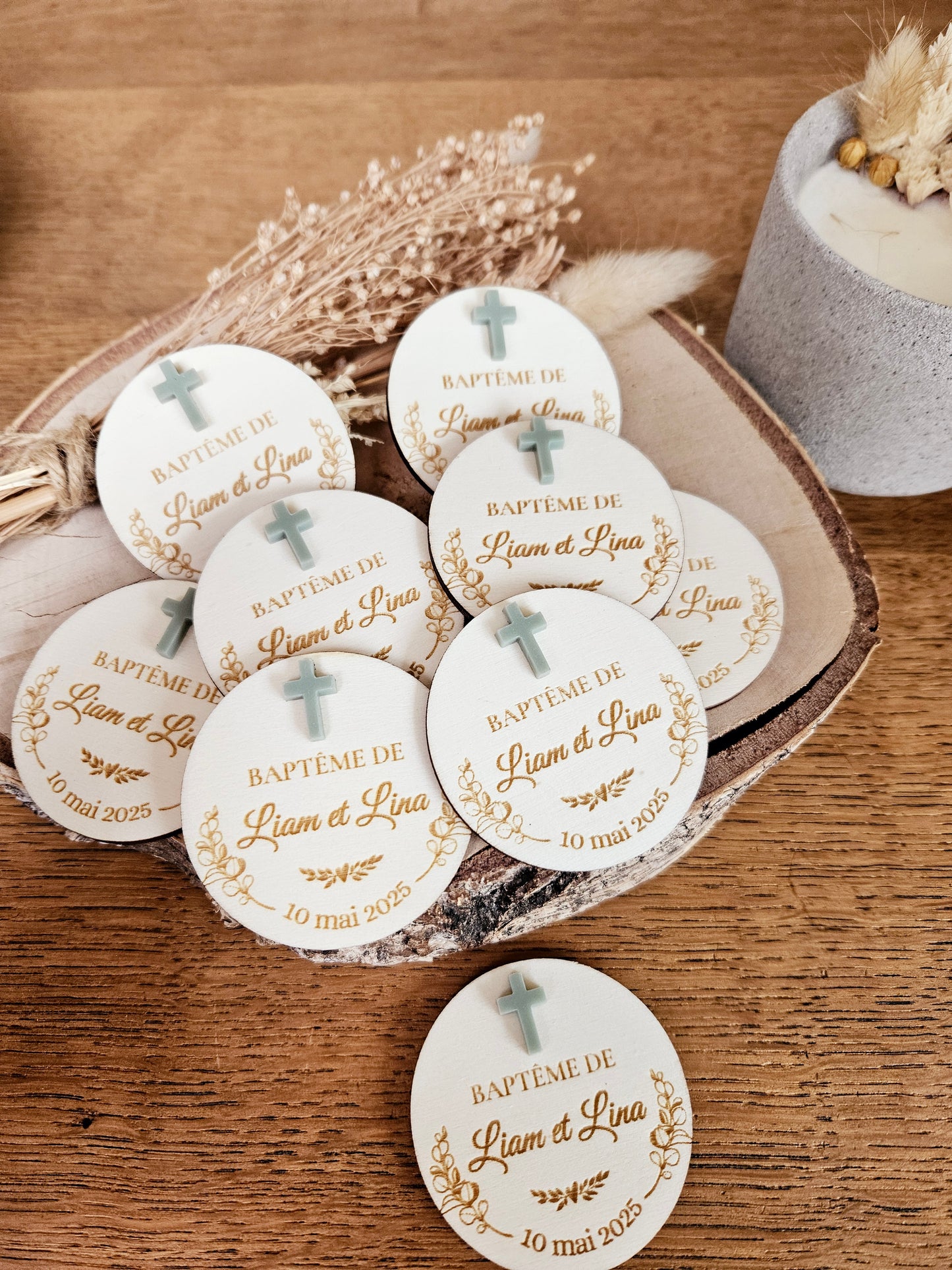 Magnet bois religieux eucalyptus / croix / baptême communion mariage - cadeau invité