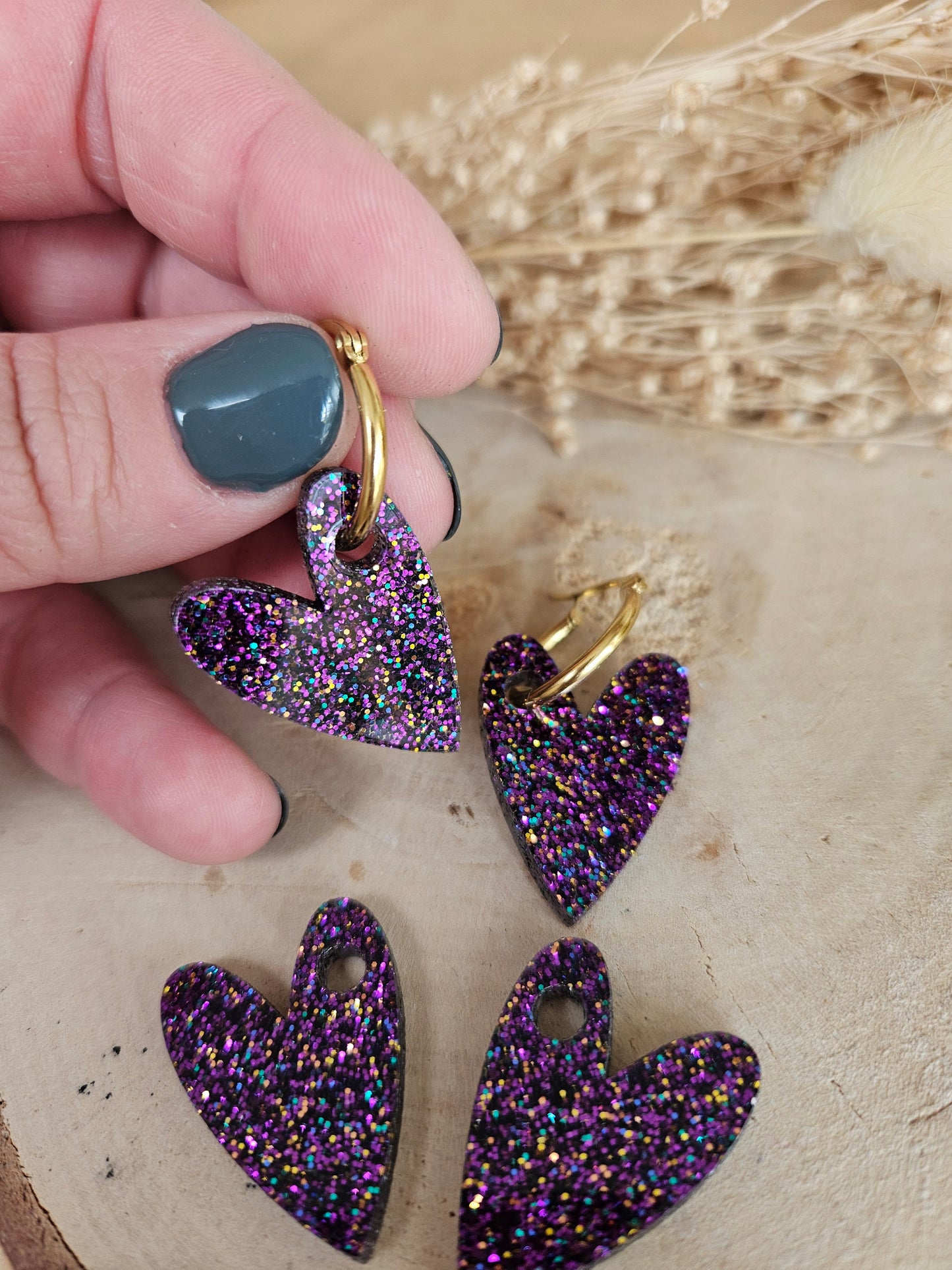 Boucles oreilles AMBRE interchangeables cœur PAMPILLE / créole femme en Acier Inoxydable - VIOLETTE paillète