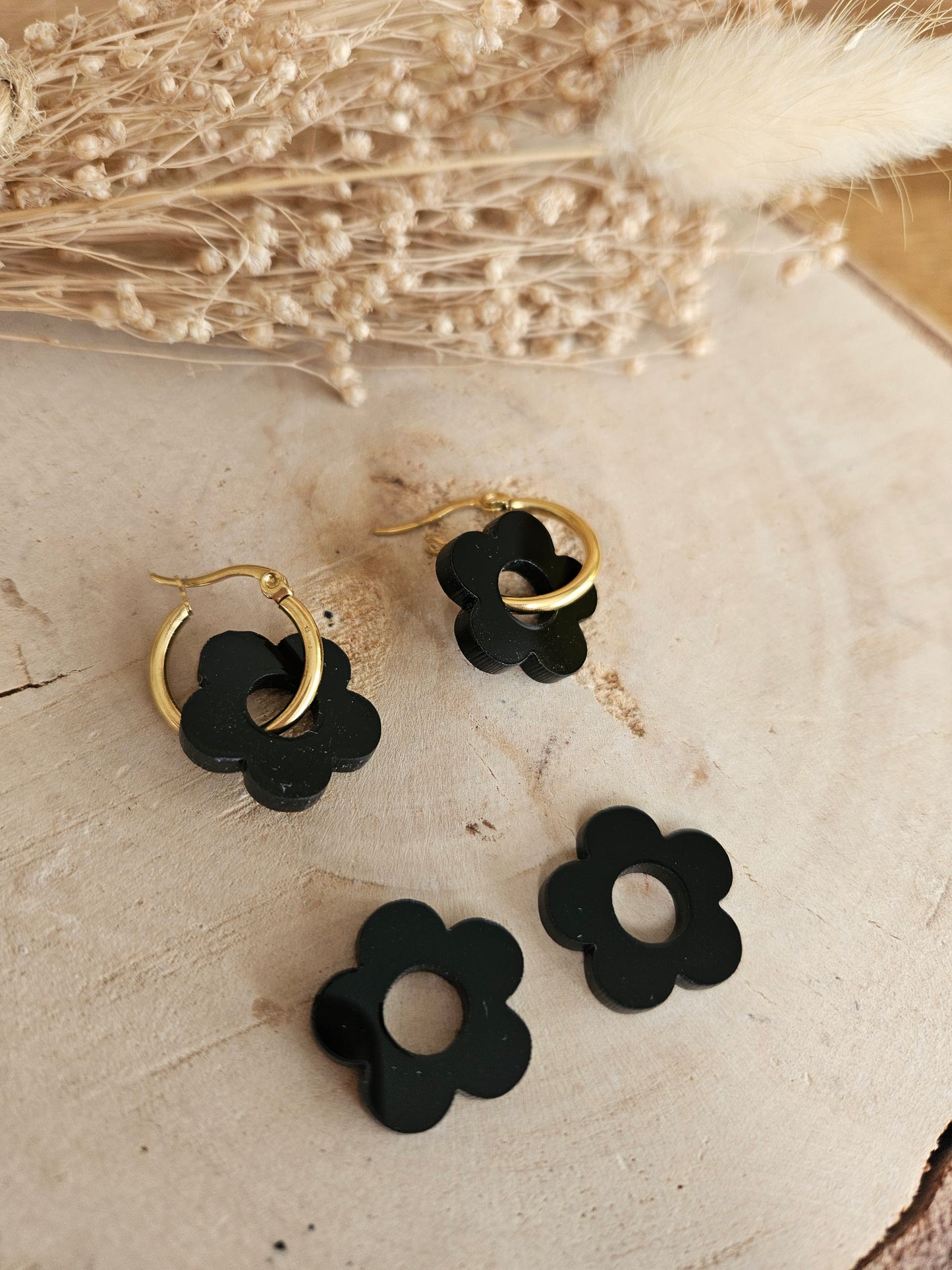 Boucles oreilles ZELIE interchangeables fleur PAMPILLE / créole femme en Acier Inoxydable - NOIR