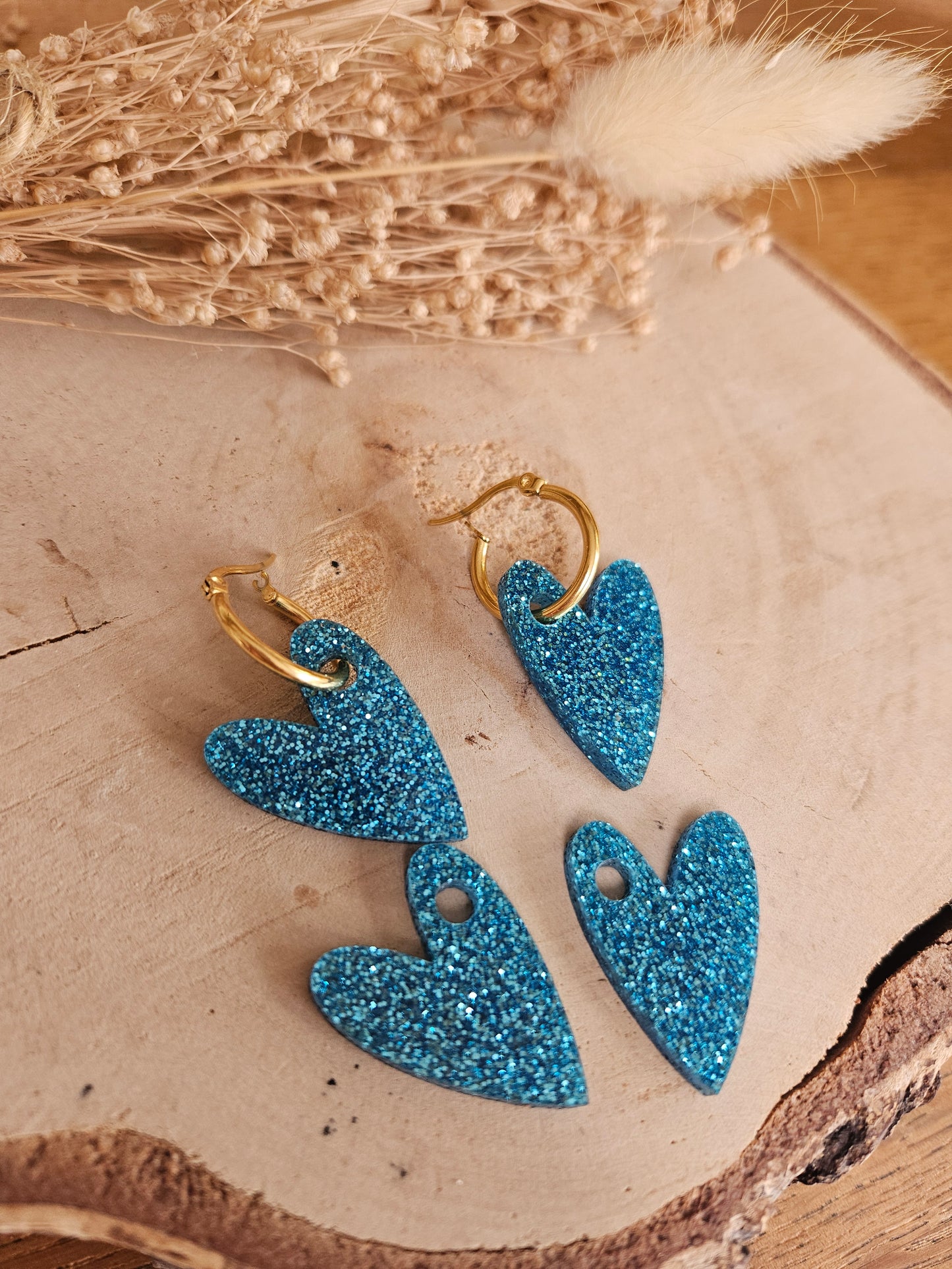 Boucles oreilles AMBRE interchangeables cœur PAMPILLE / créole femme en Acier Inoxydable - BLEU PAILLETE