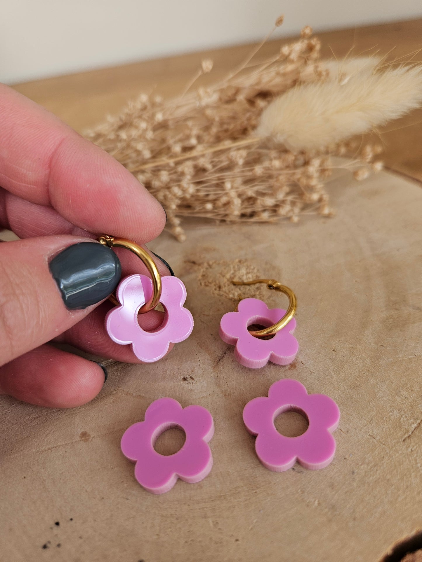 Boucles oreilles ZELIE interchangeables fleur PAMPILLE / créole femme en Acier Inoxydable - MAUVE LAVANDE