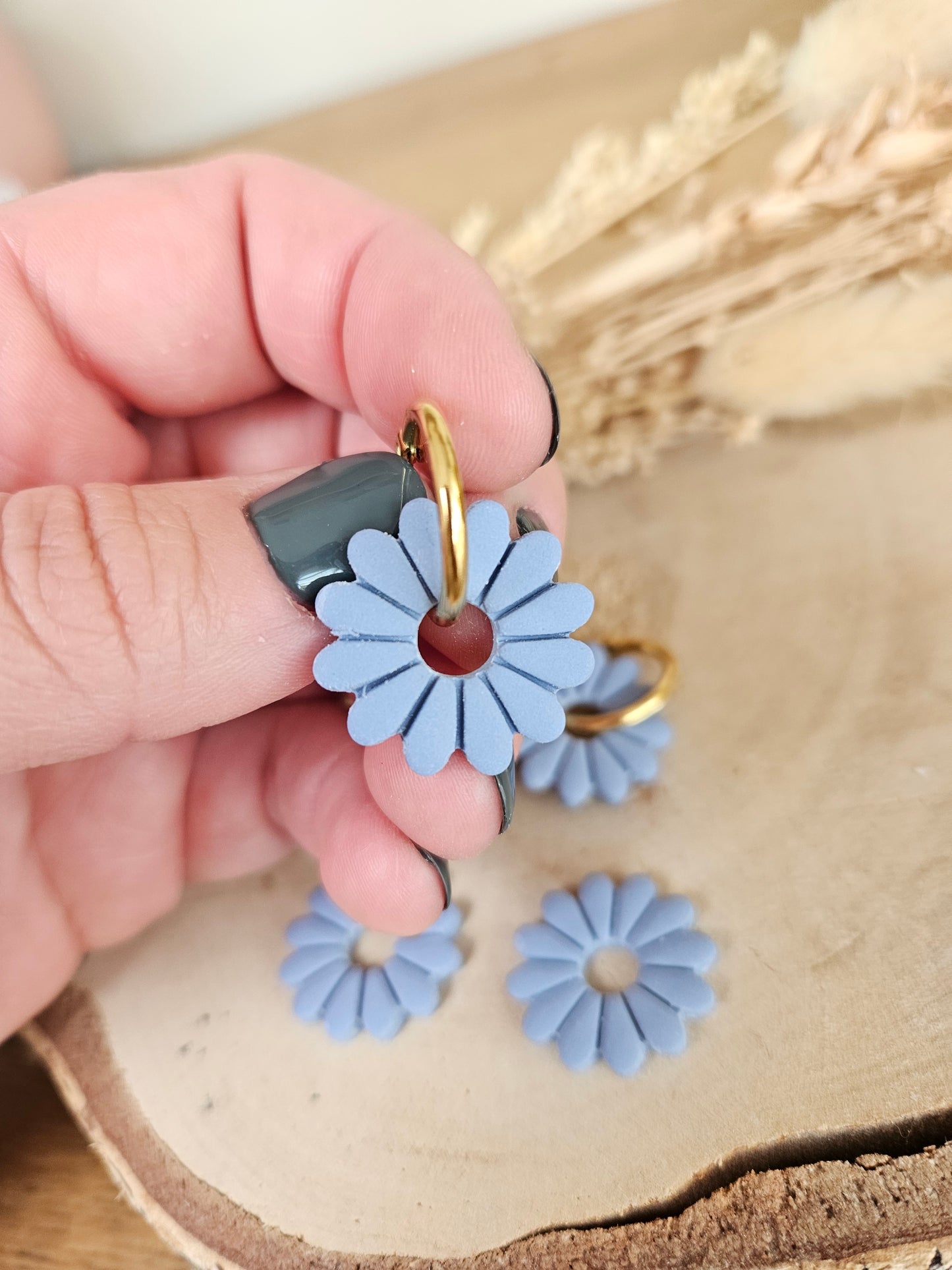 Boucles oreilles SUZANE interchangeables fleur PAMPILLE / créole femme en Acier Inoxydable - BLEU PIERRE