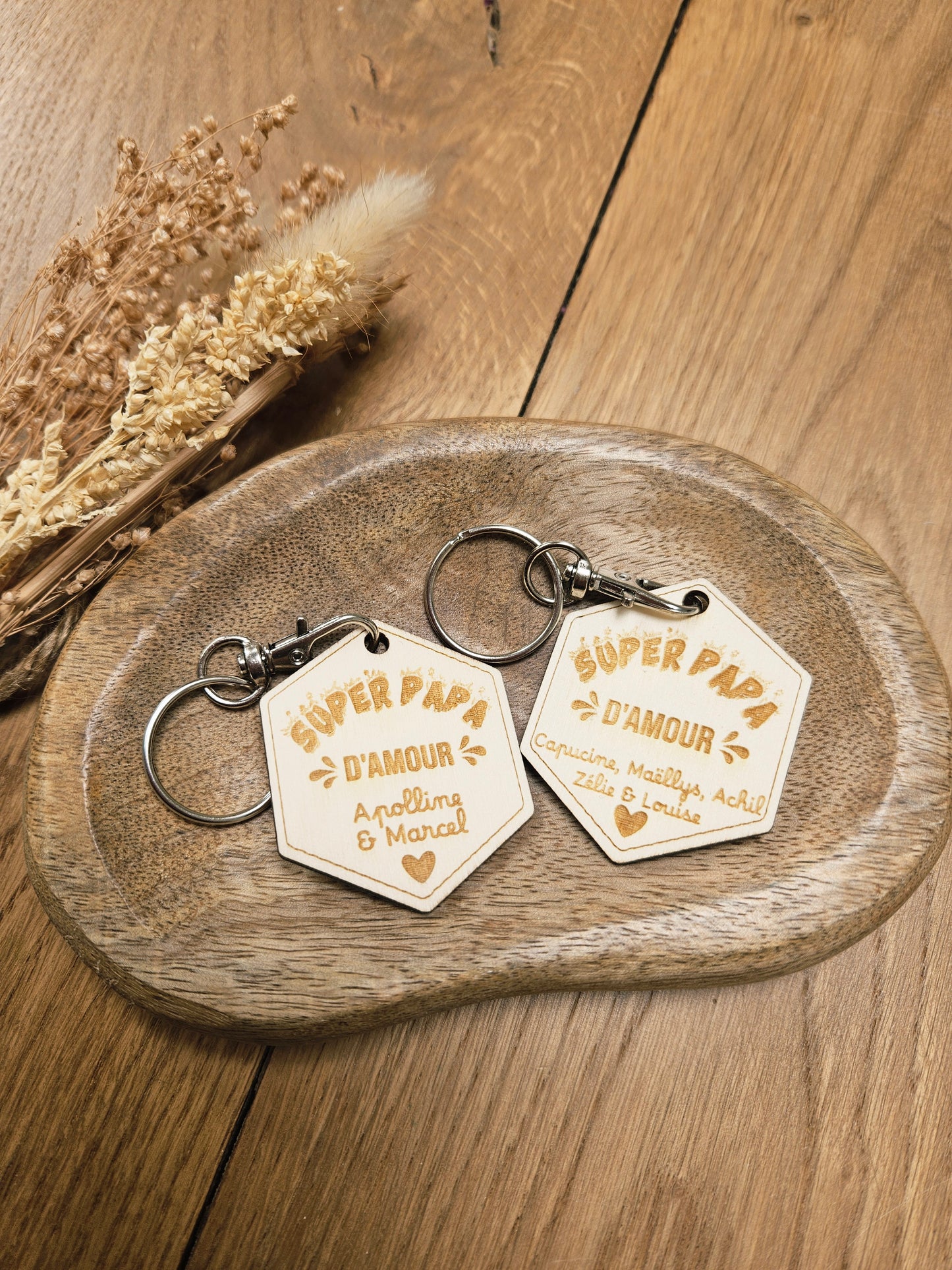 Porte clé bois hexagone PAPA / parrain témoin papy cadeau HOMME