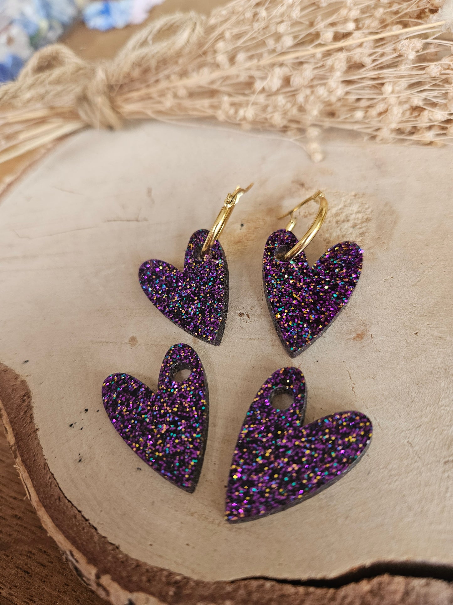 Boucles oreilles AMBRE interchangeables cœur PAMPILLE / créole femme en Acier Inoxydable - VIOLETTE paillète