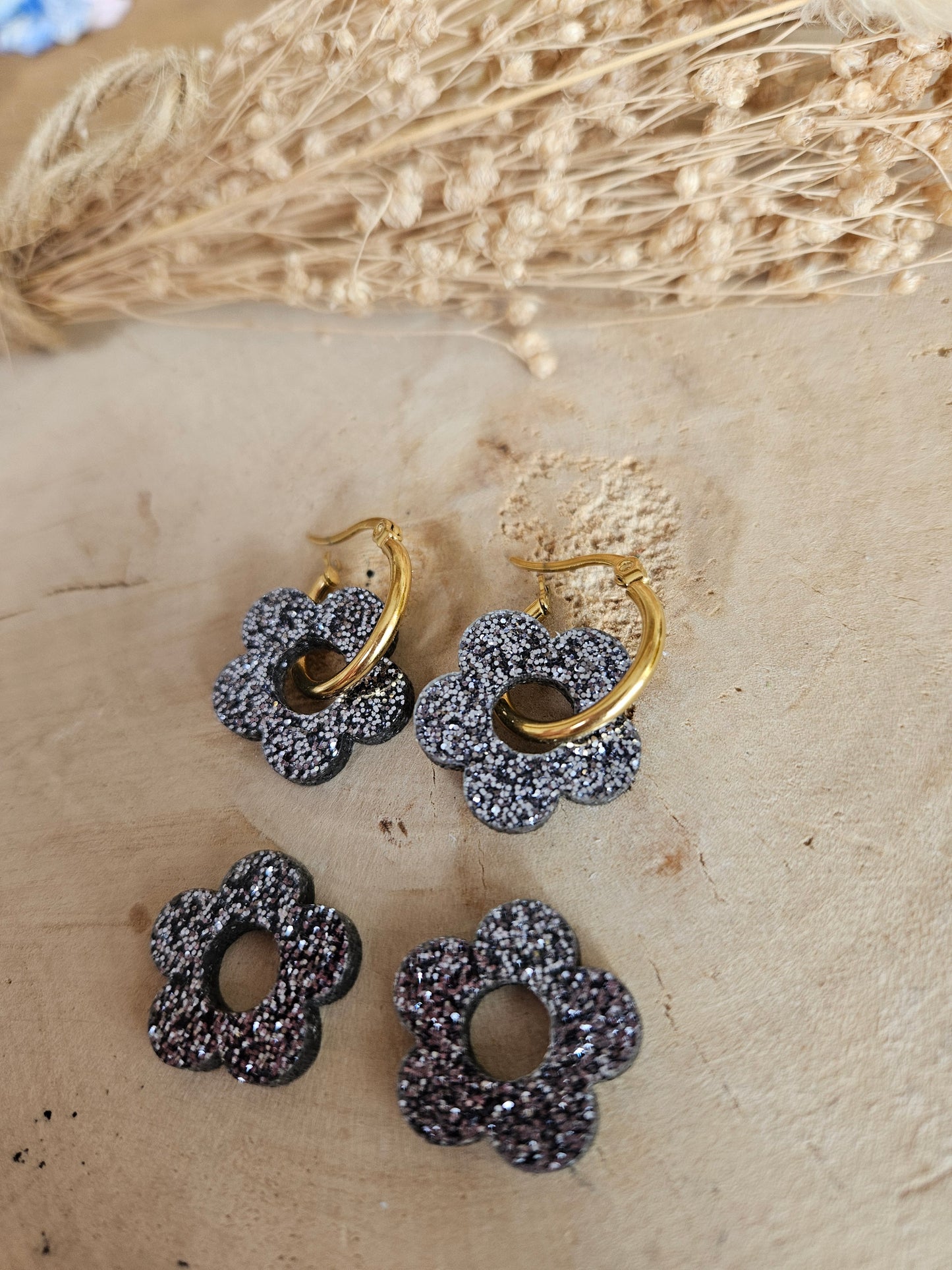Boucles oreilles ZELIE interchangeables fleur PAMPILLE / créole femme en Acier Inoxydable - NOIR PAILLETES