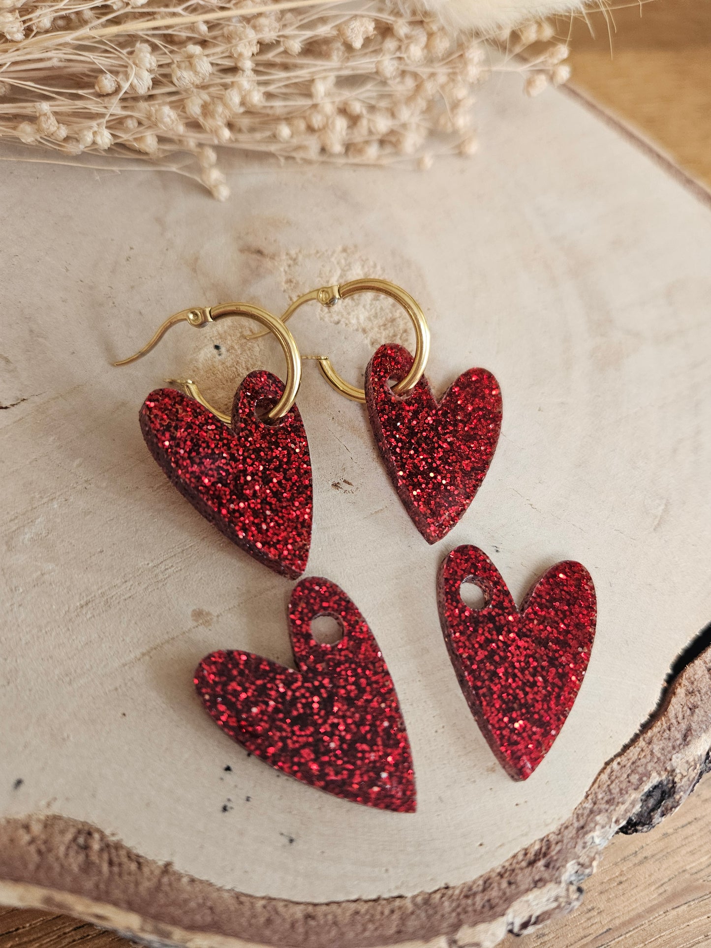 Boucles oreilles AMBRE interchangeables cœur PAMPILLE / créole femme en Acier Inoxydable - rouge paillète