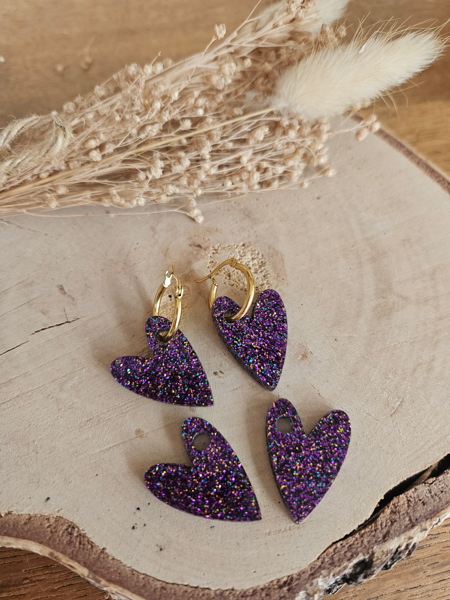 Boucles oreilles AMBRE interchangeables cœur PAMPILLE / créole femme en Acier Inoxydable - VIOLETTE paillète