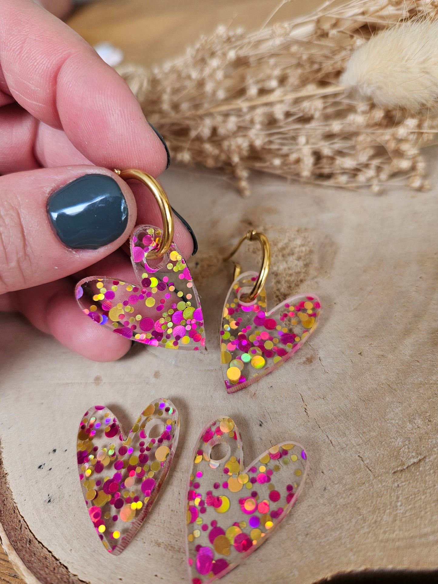 Boucles oreilles AMBRE interchangeables cœur PAMPILLE / créole femme en Acier Inoxydable - ROUGE MULTI COULEURS