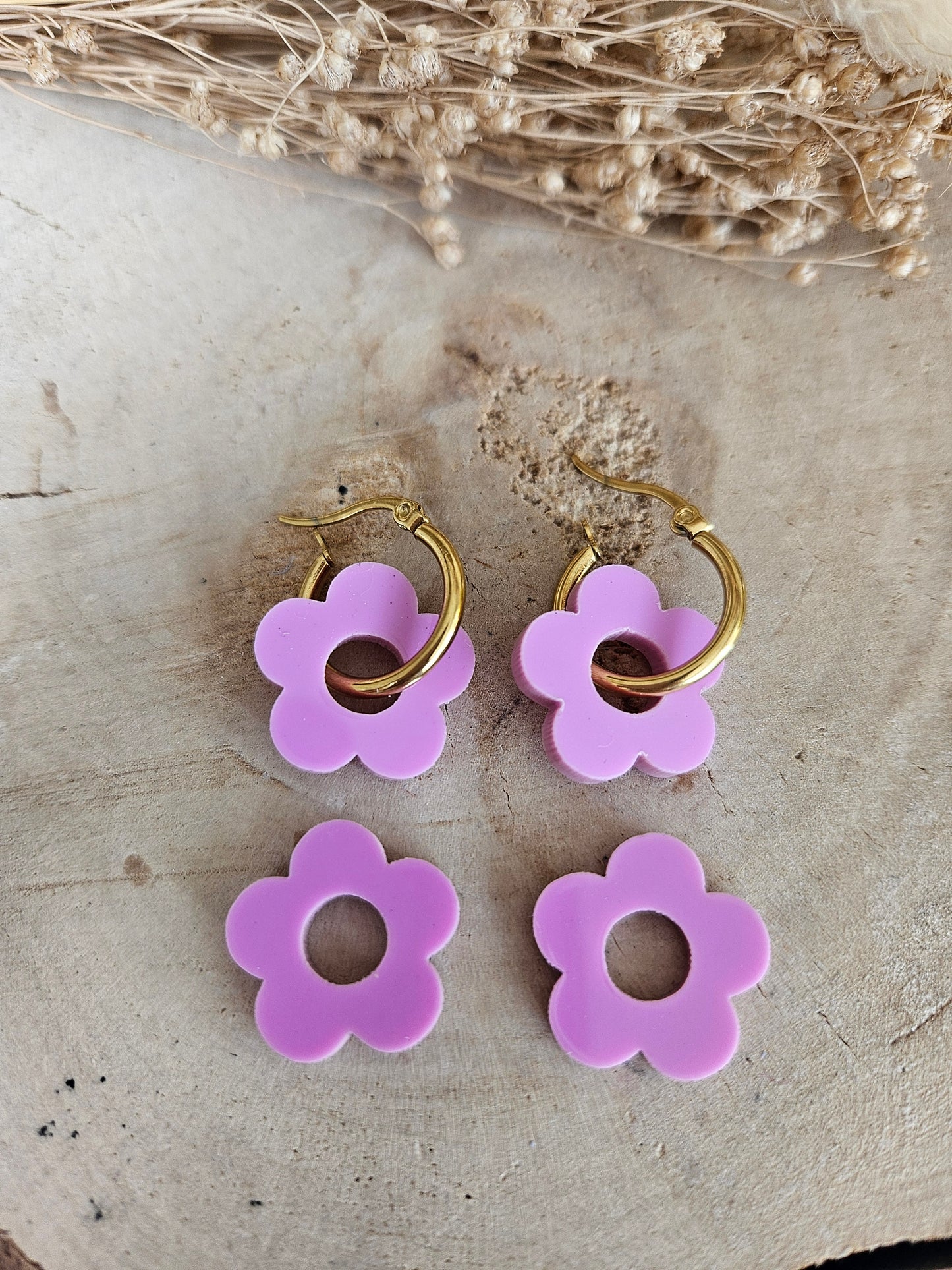 Boucles oreilles ZELIE interchangeables fleur PAMPILLE / créole femme en Acier Inoxydable - MAUVE LAVANDE