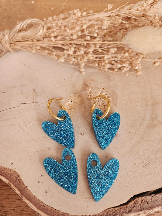 Boucles oreilles AMBRE interchangeables cœur PAMPILLE / créole femme en Acier Inoxydable - BLEU PAILLETE