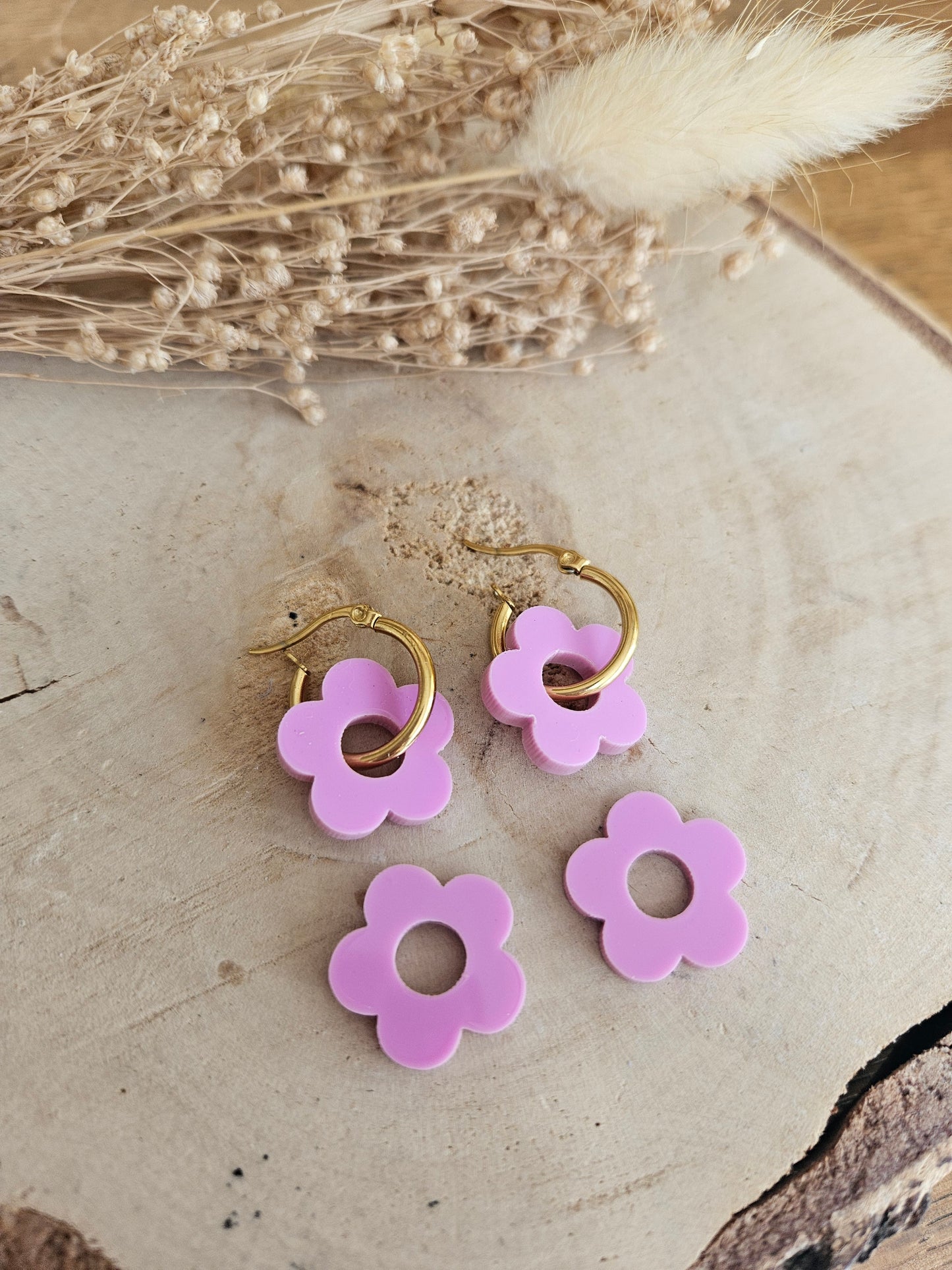 Boucles oreilles ZELIE interchangeables fleur PAMPILLE / créole femme en Acier Inoxydable - MAUVE LAVANDE