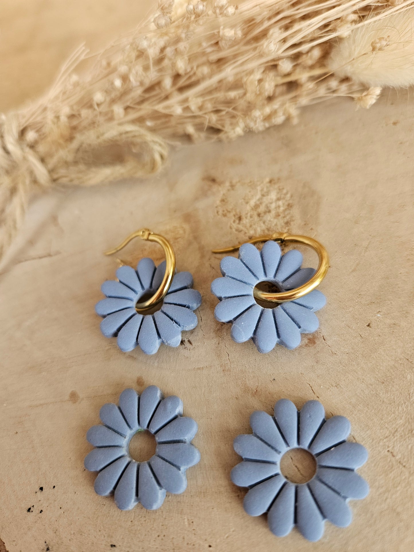 Boucles oreilles SUZANE interchangeables fleur PAMPILLE / créole femme en Acier Inoxydable - BLEU PIERRE