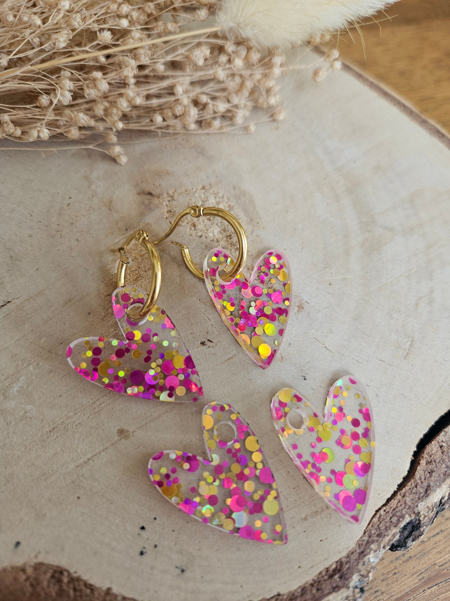 Boucles oreilles AMBRE interchangeables cœur PAMPILLE / créole femme en Acier Inoxydable - ROUGE MULTI COULEURS