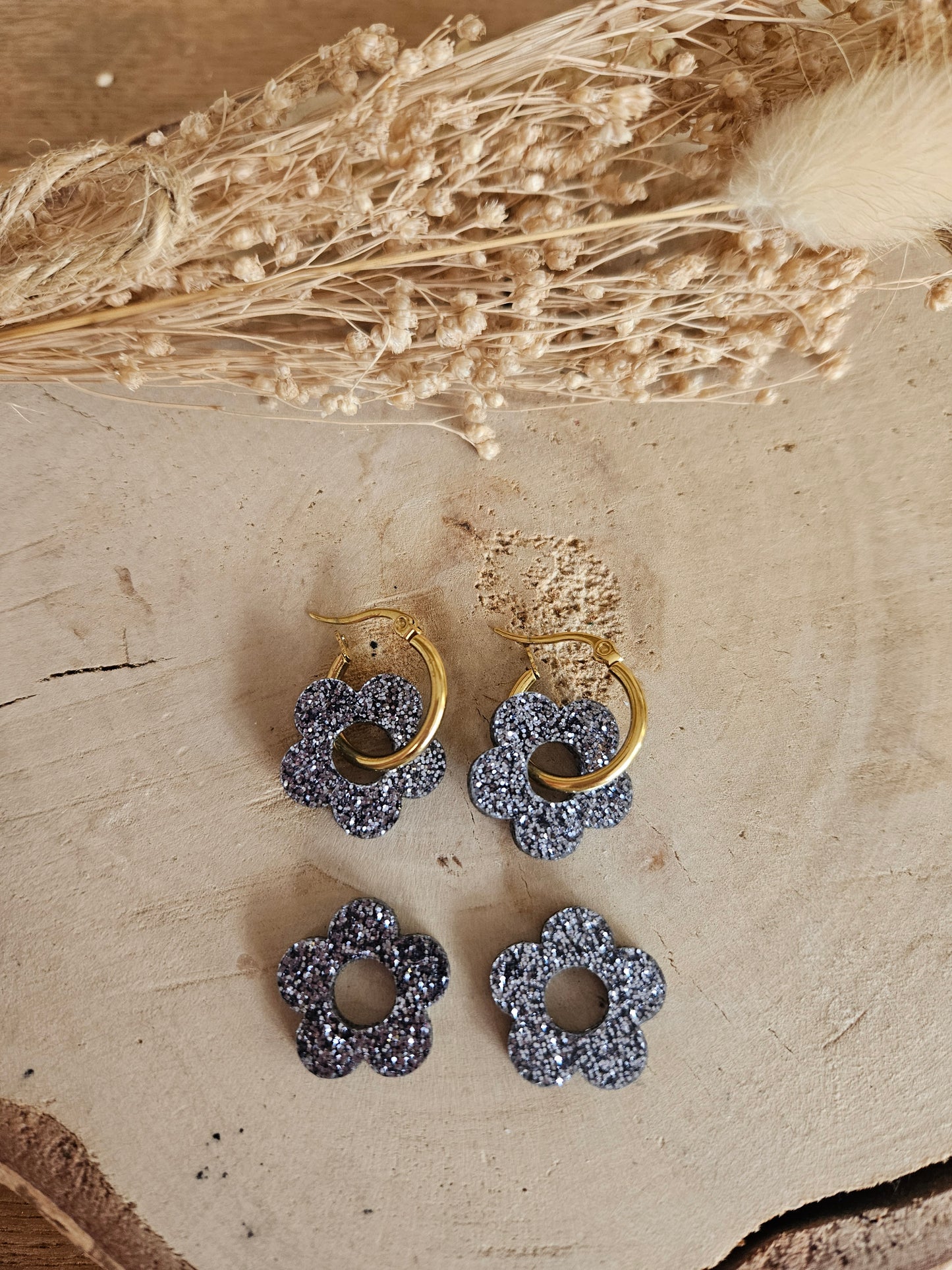 Boucles oreilles ZELIE interchangeables fleur PAMPILLE / créole femme en Acier Inoxydable - NOIR PAILLETES
