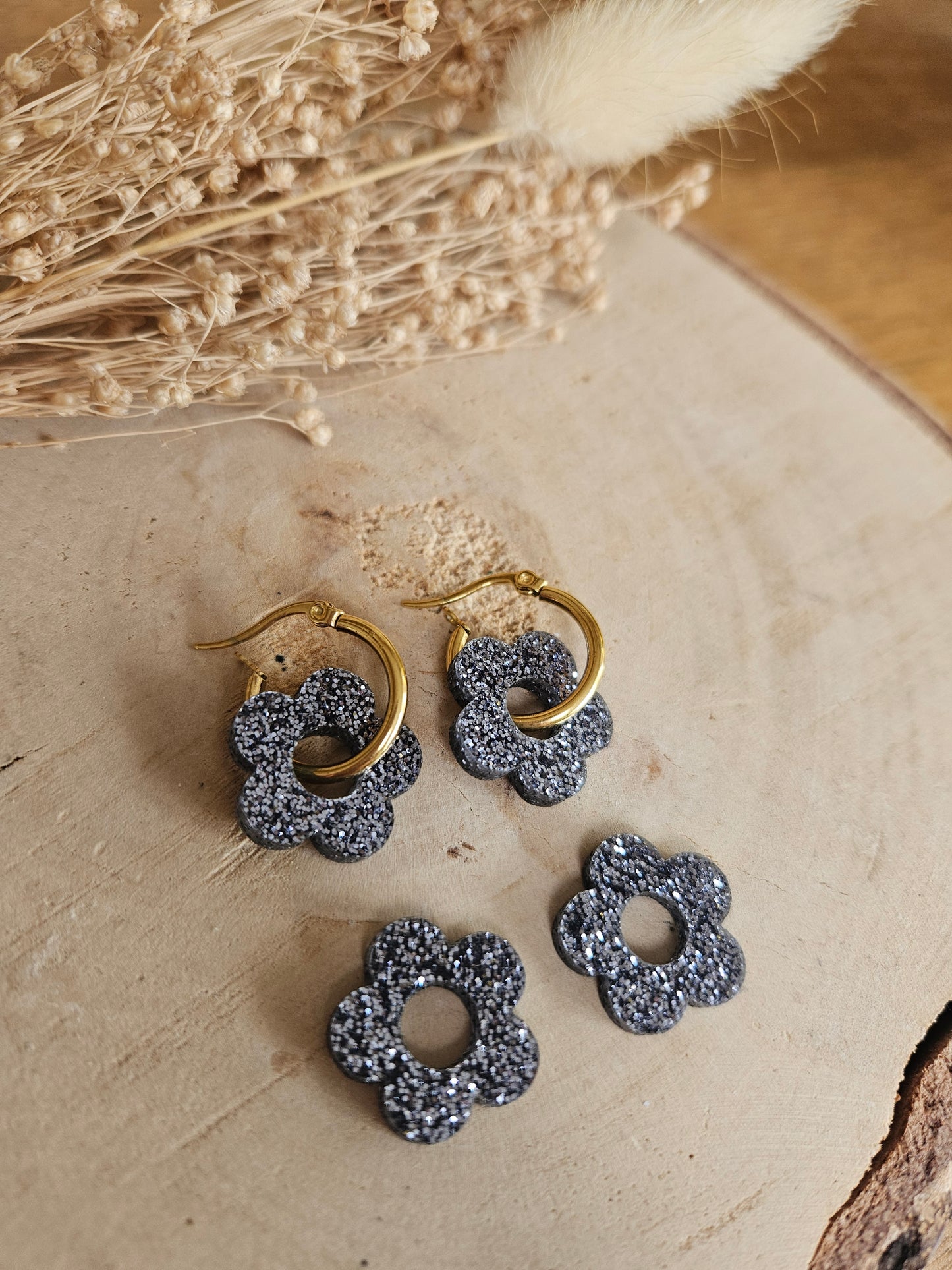 Boucles oreilles ZELIE interchangeables fleur PAMPILLE / créole femme en Acier Inoxydable - NOIR PAILLETES