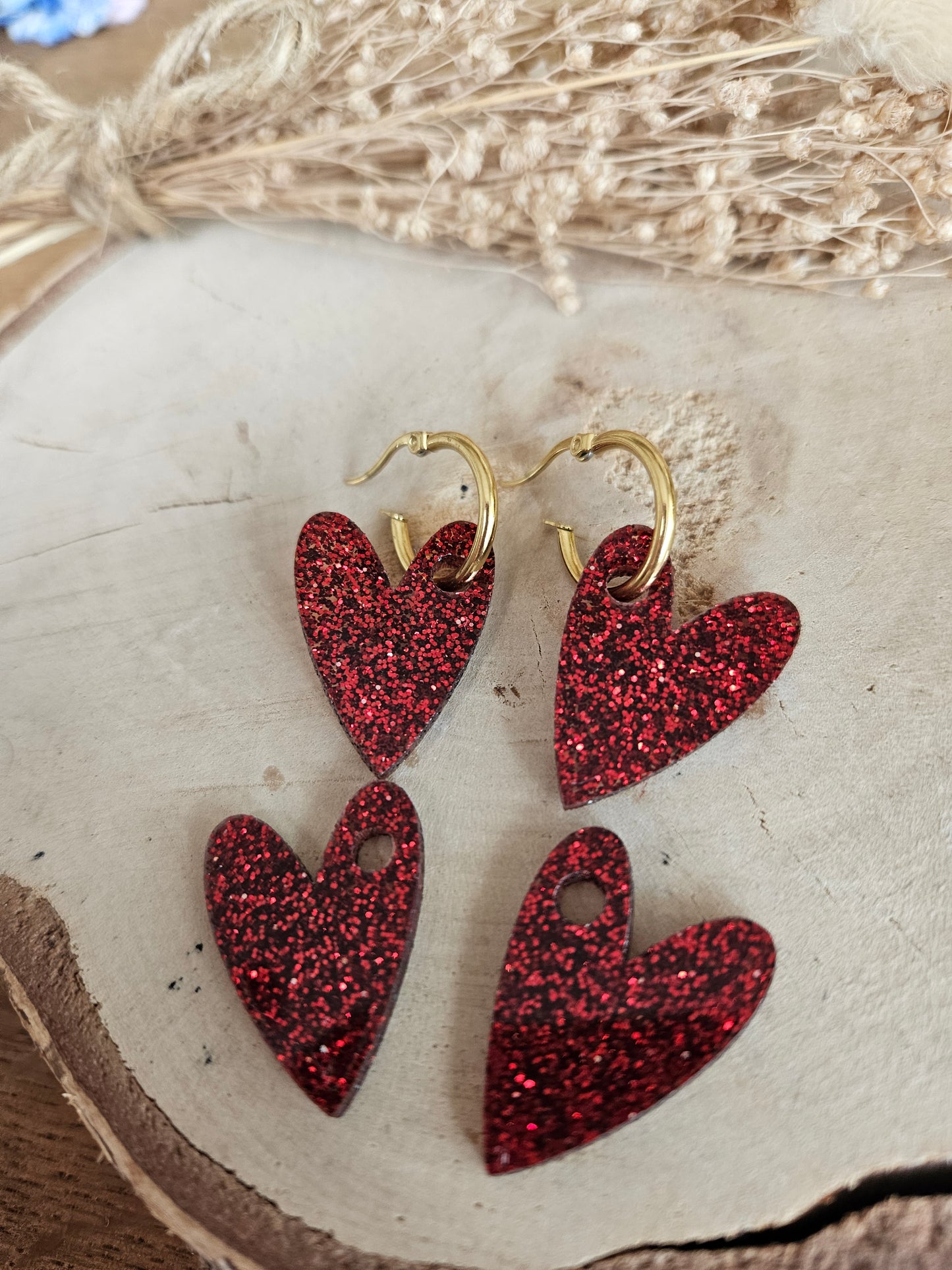 Boucles oreilles AMBRE interchangeables cœur PAMPILLE / créole femme en Acier Inoxydable - rouge paillète