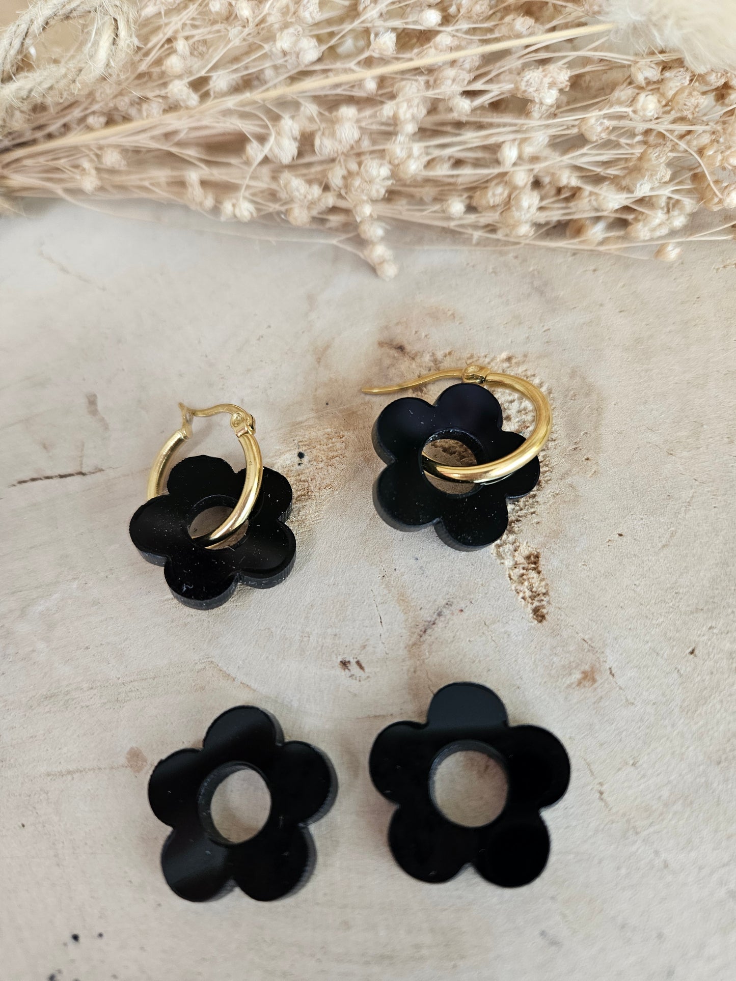 Boucles oreilles ZELIE interchangeables fleur PAMPILLE / créole femme en Acier Inoxydable - NOIR