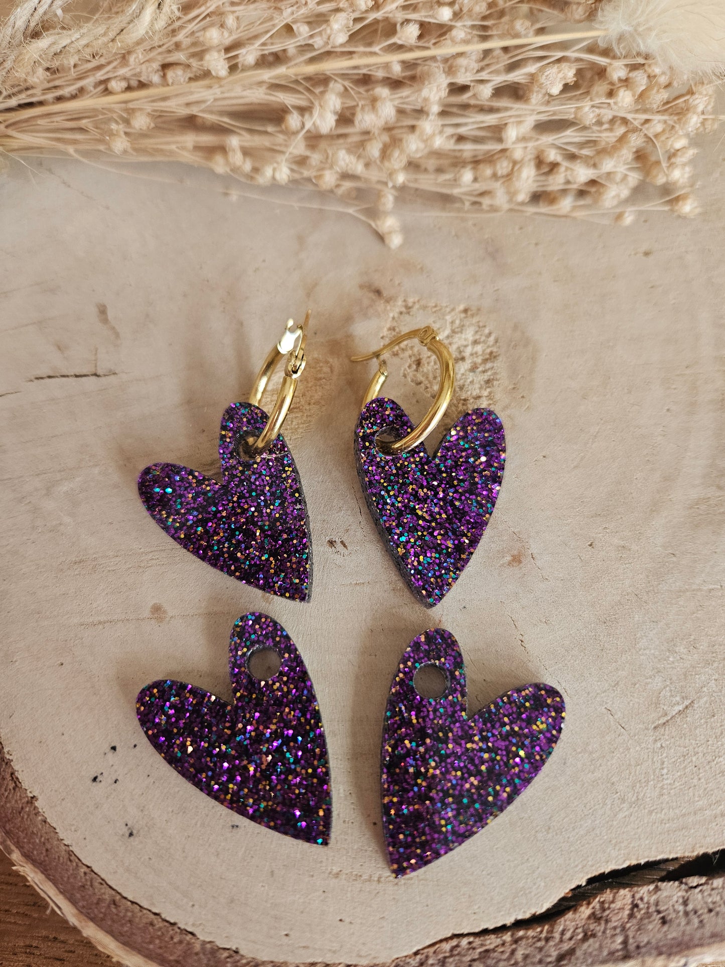 Boucles oreilles AMBRE interchangeables cœur PAMPILLE / créole femme en Acier Inoxydable - VIOLETTE paillète