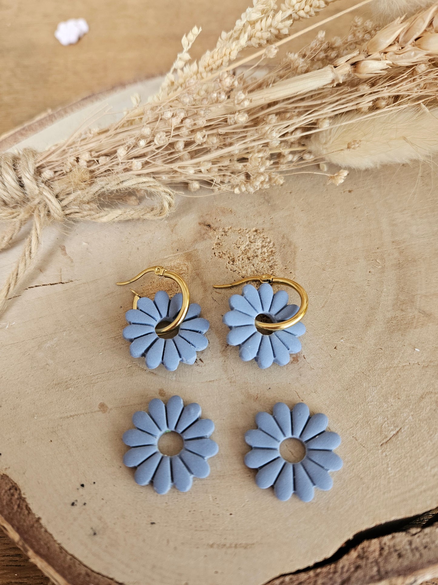 Boucles oreilles SUZANE interchangeables fleur PAMPILLE / créole femme en Acier Inoxydable - BLEU PIERRE