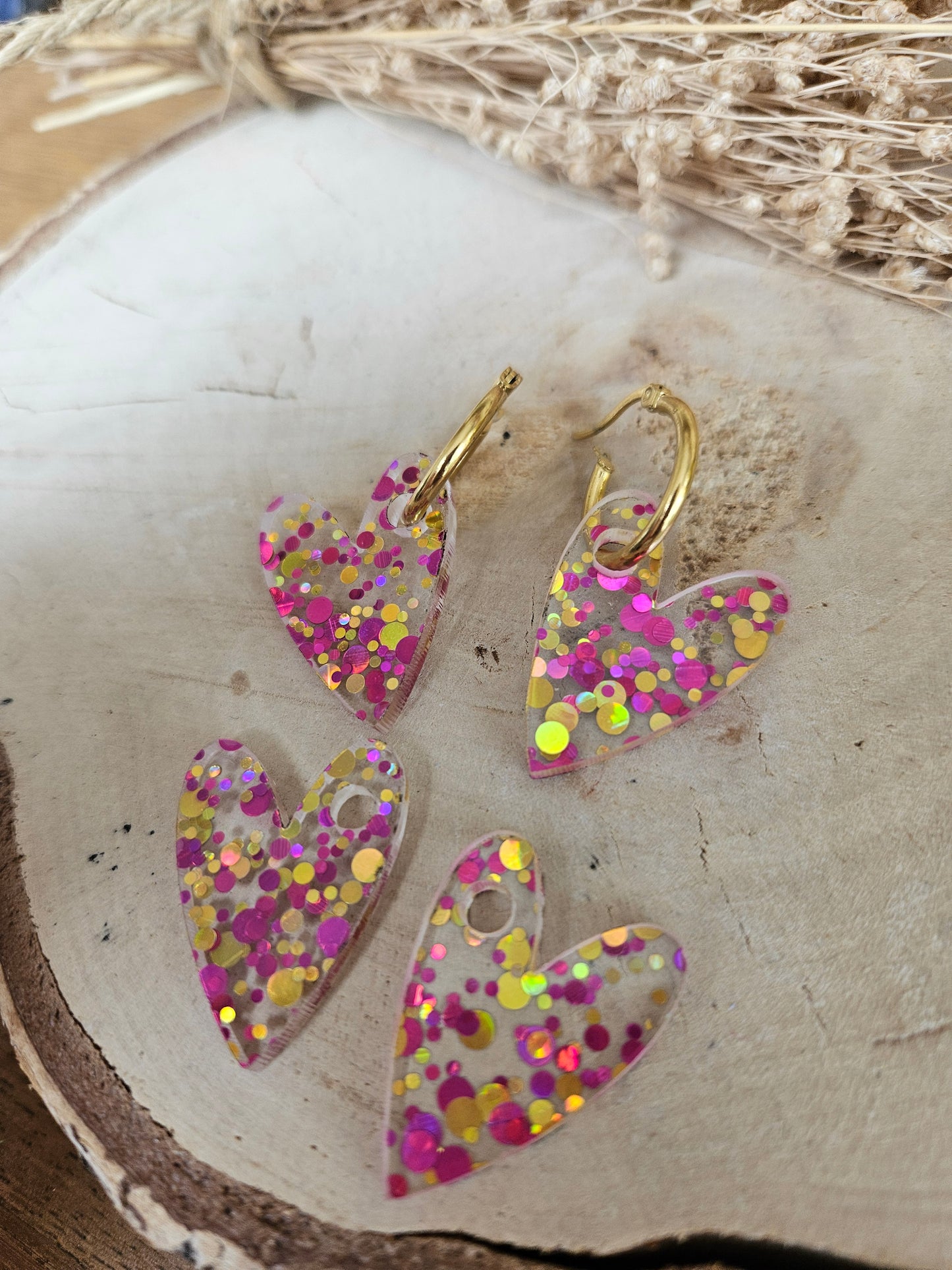 Boucles oreilles AMBRE interchangeables cœur PAMPILLE / créole femme en Acier Inoxydable - ROUGE MULTI COULEURS