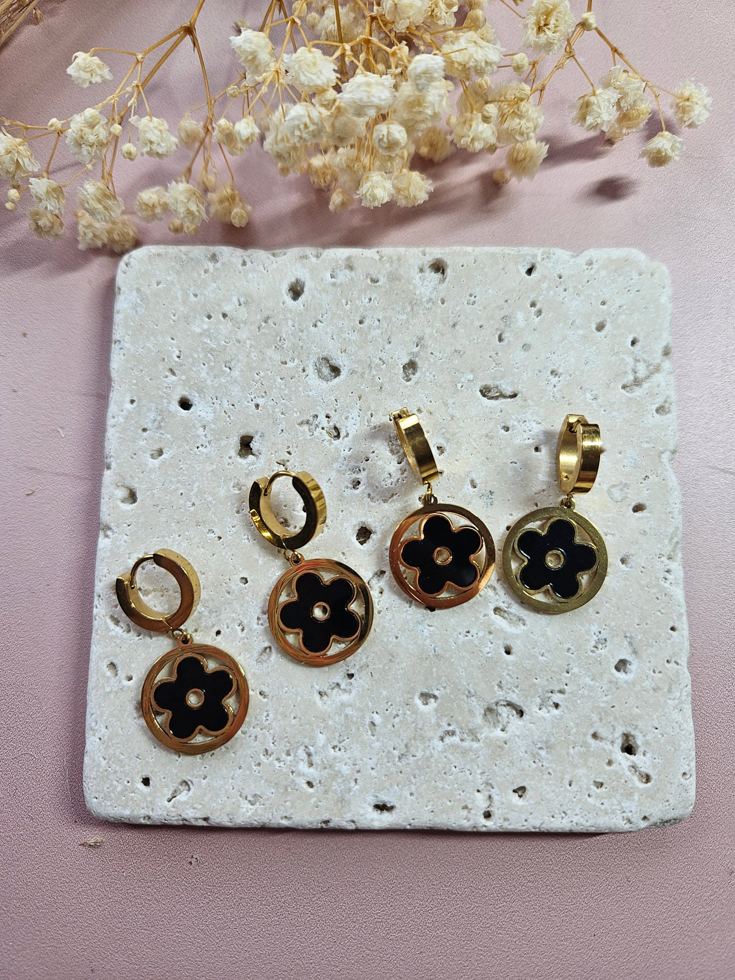 Boucles oreilles - DROP OCTOBRE - DORE PTITE FLEUR NOIR