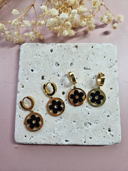 Boucles oreilles - DROP OCTOBRE - DORE PTITE FLEUR NOIR