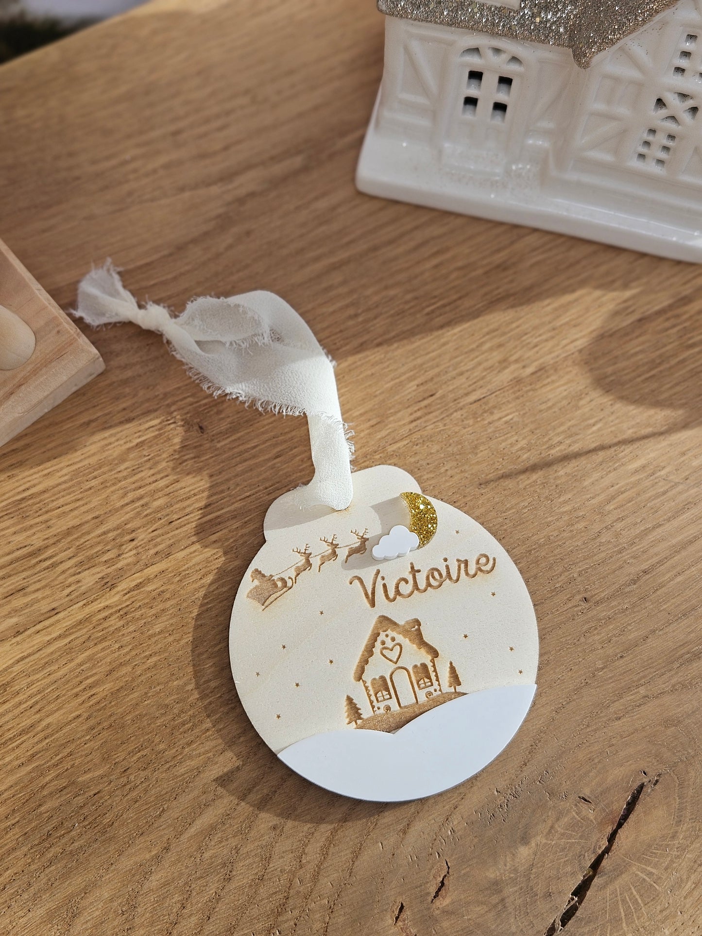 Boule de Noël personnalisée | Ronde traineau et maison de Noël