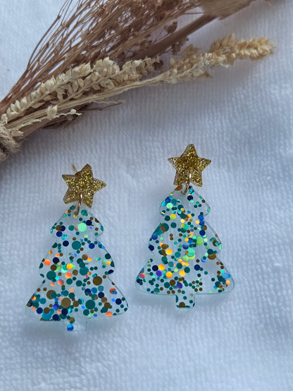 Boucles d'oreilles  - Collection Noël "Let it Shine" - Sapin multi vert et Etoile doré