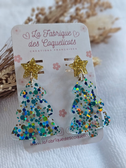 Boucles d'oreilles  - Collection Noël "Let it Shine" - Sapin multi vert et Etoile doré