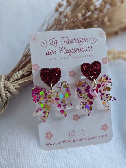 Boucles d'oreilles  - Collection Noël "Let it Shine" - Cœur rouge et Nœud rouge multi couleurs