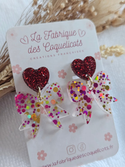 Boucles d'oreilles  - Collection Noël "Let it Shine" - Cœur rouge et Nœud rouge multi couleurs